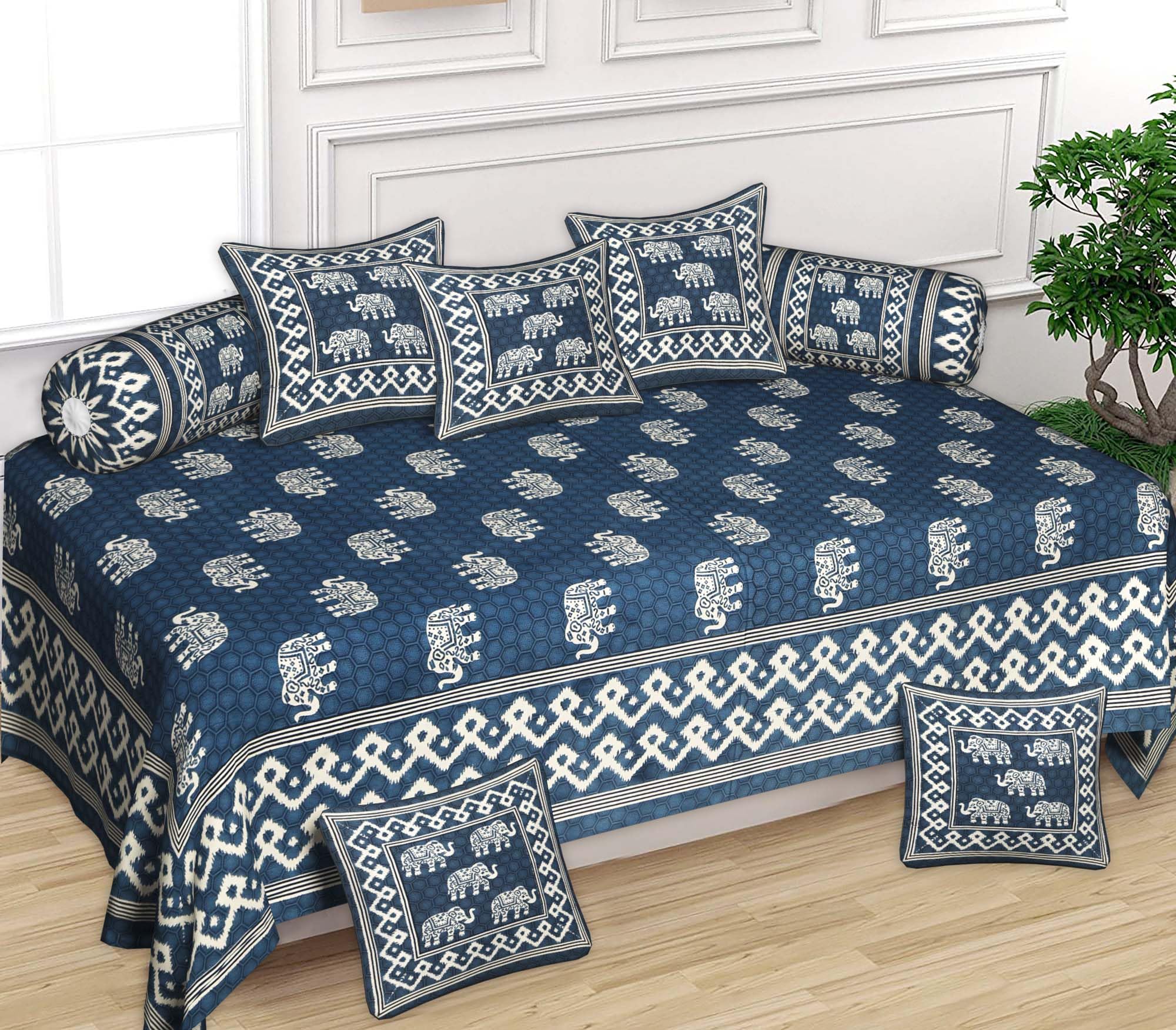 AMLEXTTRIZ Maharaja Special Floral Pure & Soft Cotton Diwan Cover Set |8 Pcs Set - 5 Cushion Cover,2 Bolster Cover,1 Bedsheet (Blue (M2))-image-18