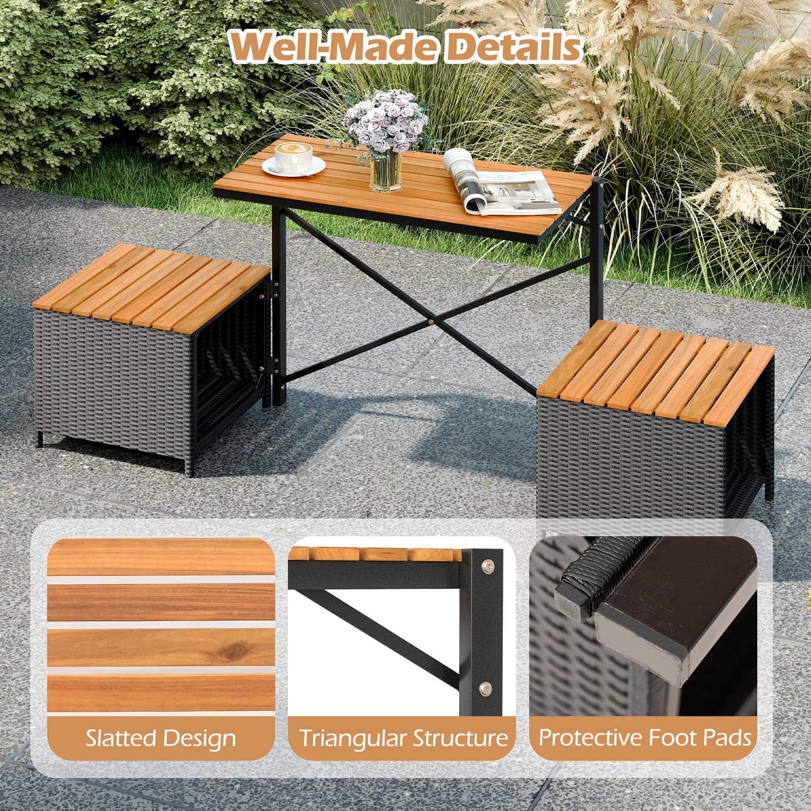 LIFEZEAL Set Salotto da Giardino 2 in 1 Versatile (Nero+Naturale) | Tavolo, 2 Sedie Contenitore in Rattan e Legno di Acacia, Convertibili in Panchina, Portata 360 kg, per Terrazza, Balcone