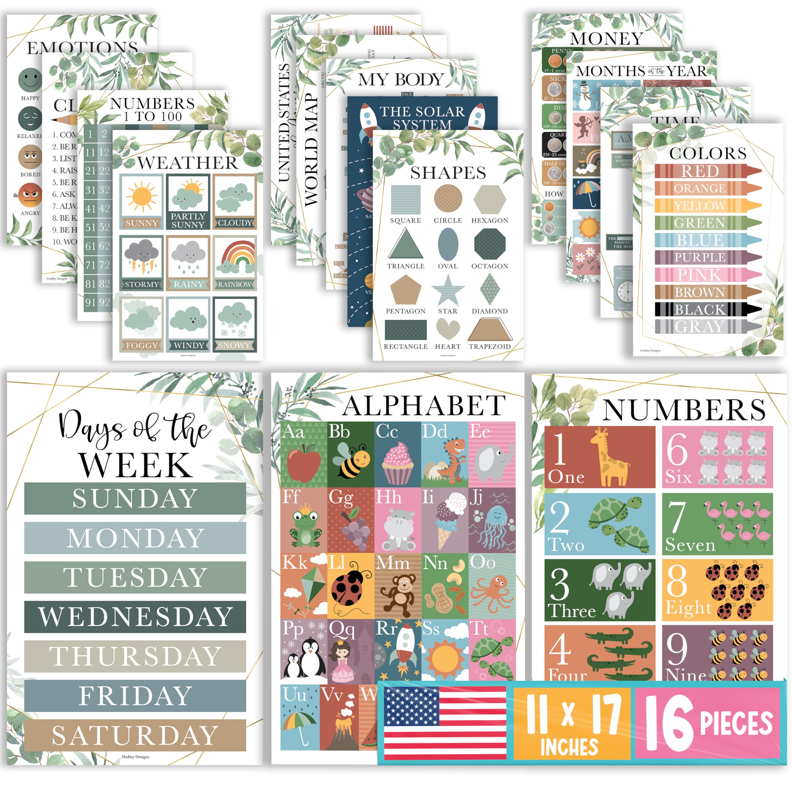 Hadley Designs 16 Educational Posters for Toddlers 1-3, Laminated Toddler Learning Posters for Preschool & Kindergarten, ABC Chart, Numbers, Colors, Shapes, Days of The Week, Greenery Classroom Decor