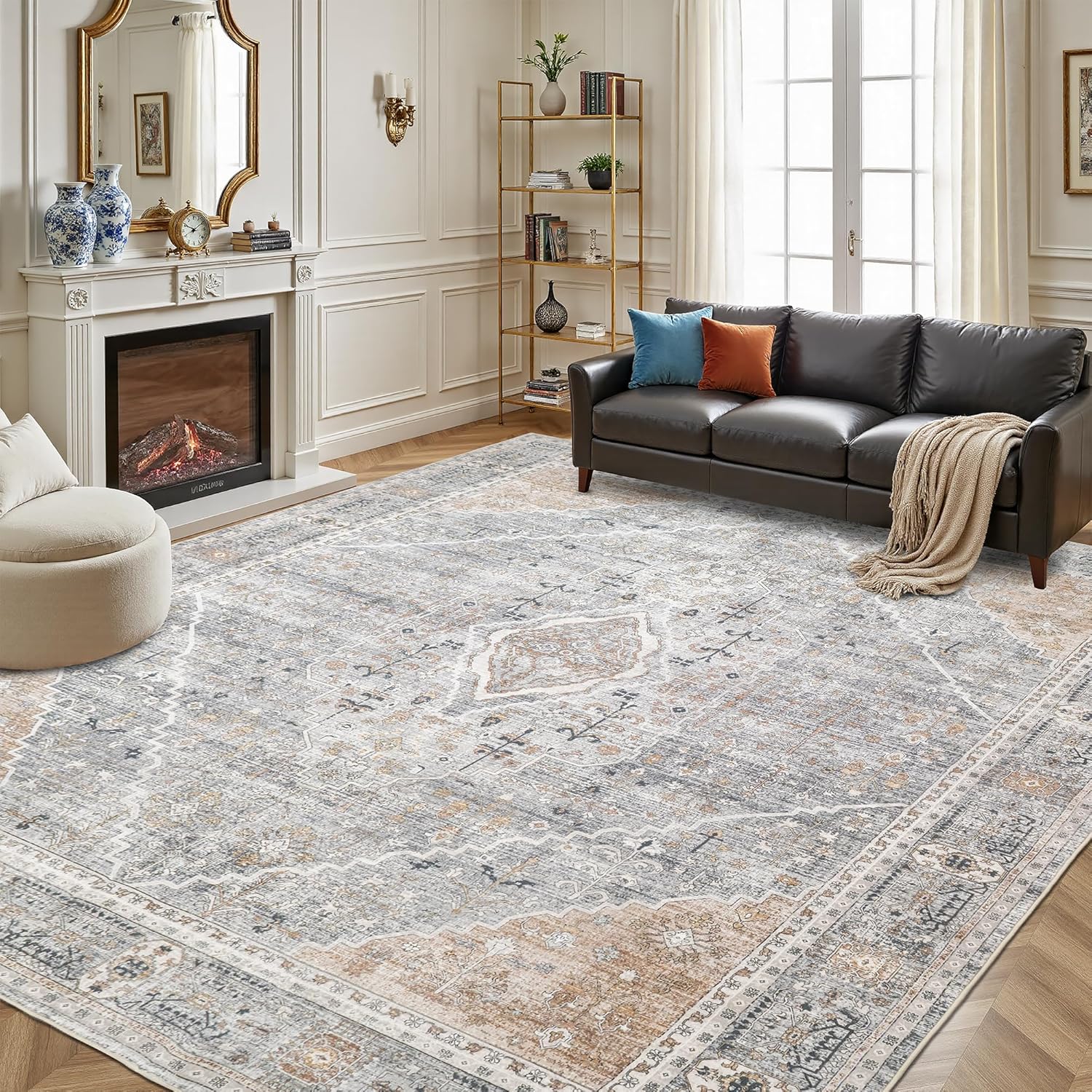 Gray with Beige Rug 8x10 Washable Area Rugs for Living Room,Rug for Bedroom, Vintage Distressed Non-Slip, Ultra Soft Faux Wool Carpet for Dining Room, Terracotta Accents for Home Office Décor