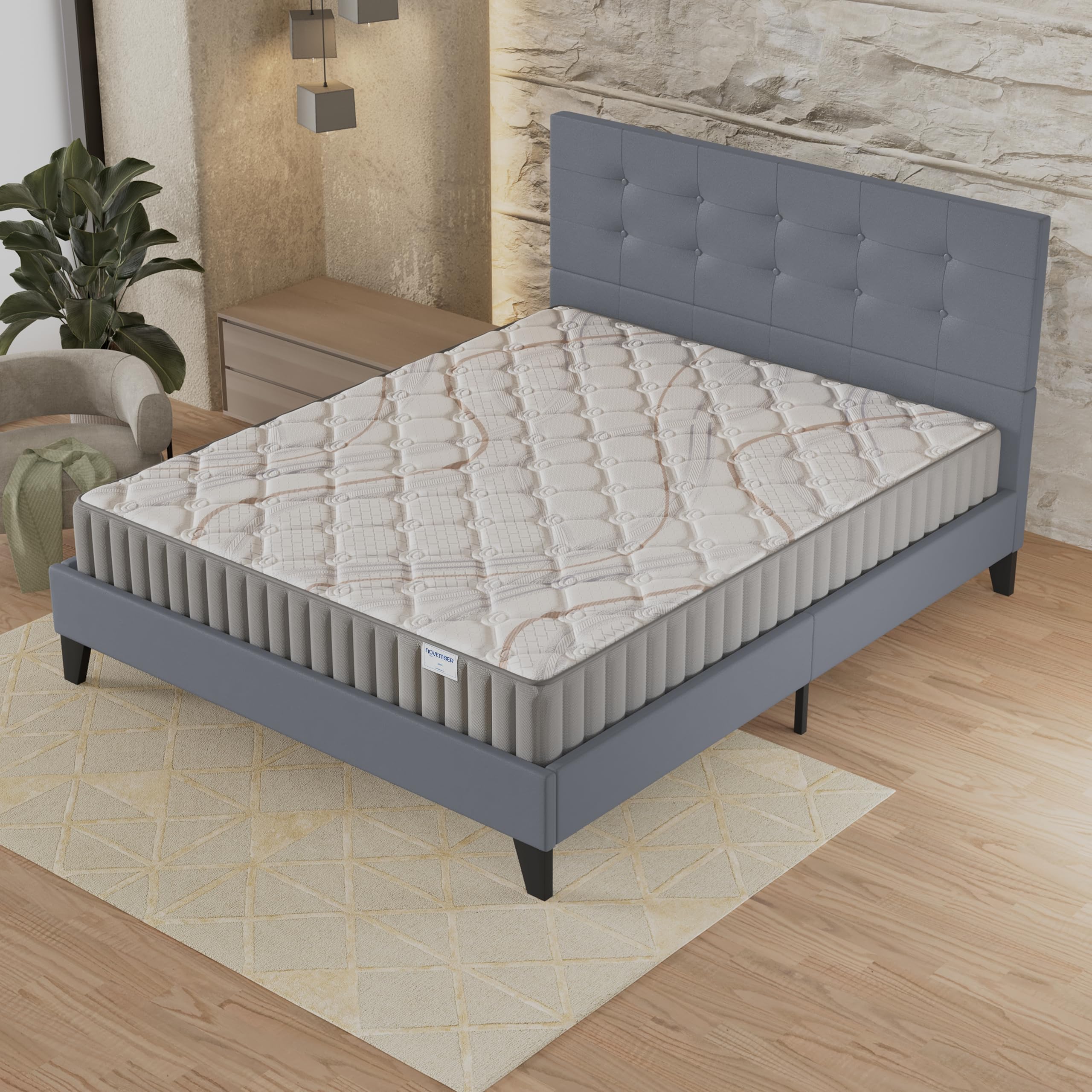 NOVEMBER- Ensemble Matelas + Sommier & tête de lit capitonnée (140 x 200cm) - Matelas Sirius Latex Naturel d’épaisseur 16cm + Lit Stable & Robuste, revêtement synthétique Gris