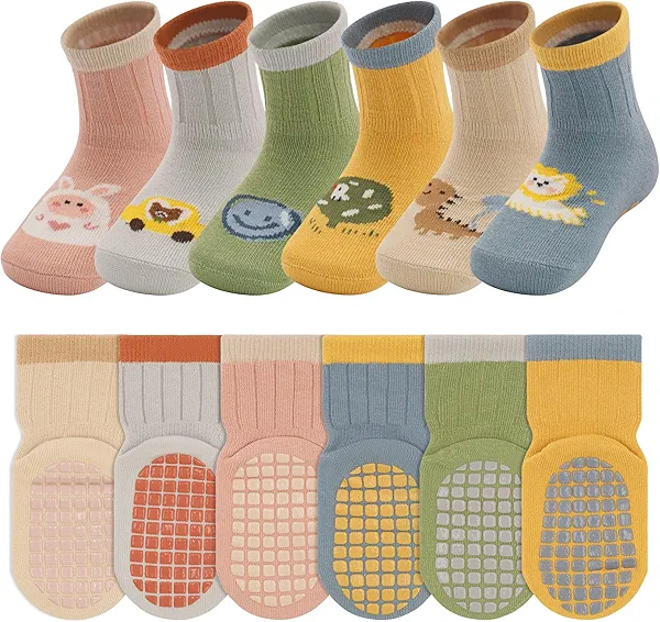 HYCLES Toddler Non Slip Socks, Cartoon Animal Cute Baby Grip Sock for 6-12 Month 1-5 Years Girls Boys 6 Pairs
