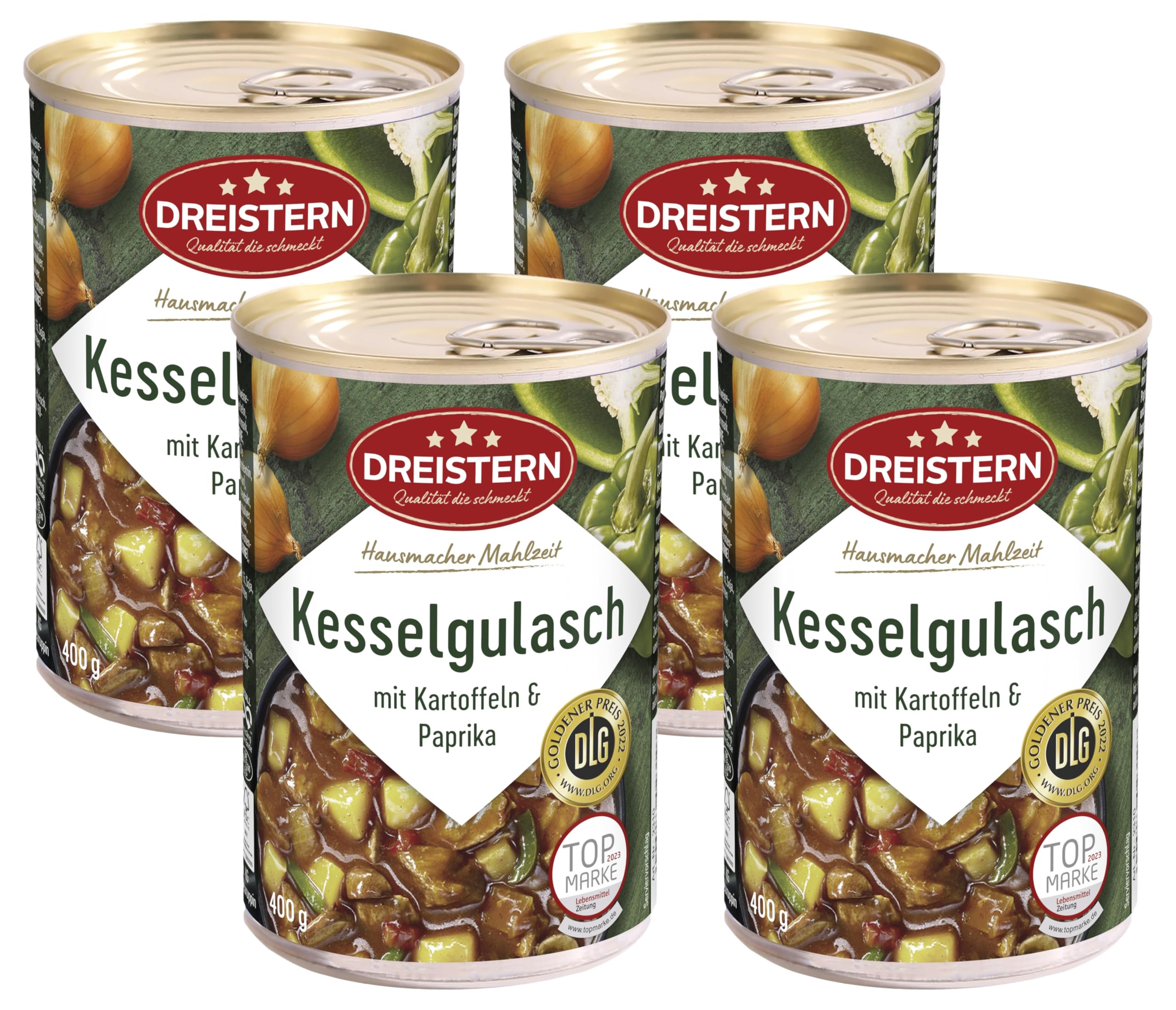 DREISTERN Kesselgulasch mit Kartoffeln und Paprika 400 g | leckeres Fertiggericht in der praktischen recycelbaren Konserve | Hausmacher Mahlzeit mit viel Fleisch und Gemüse (Packung mit 4)