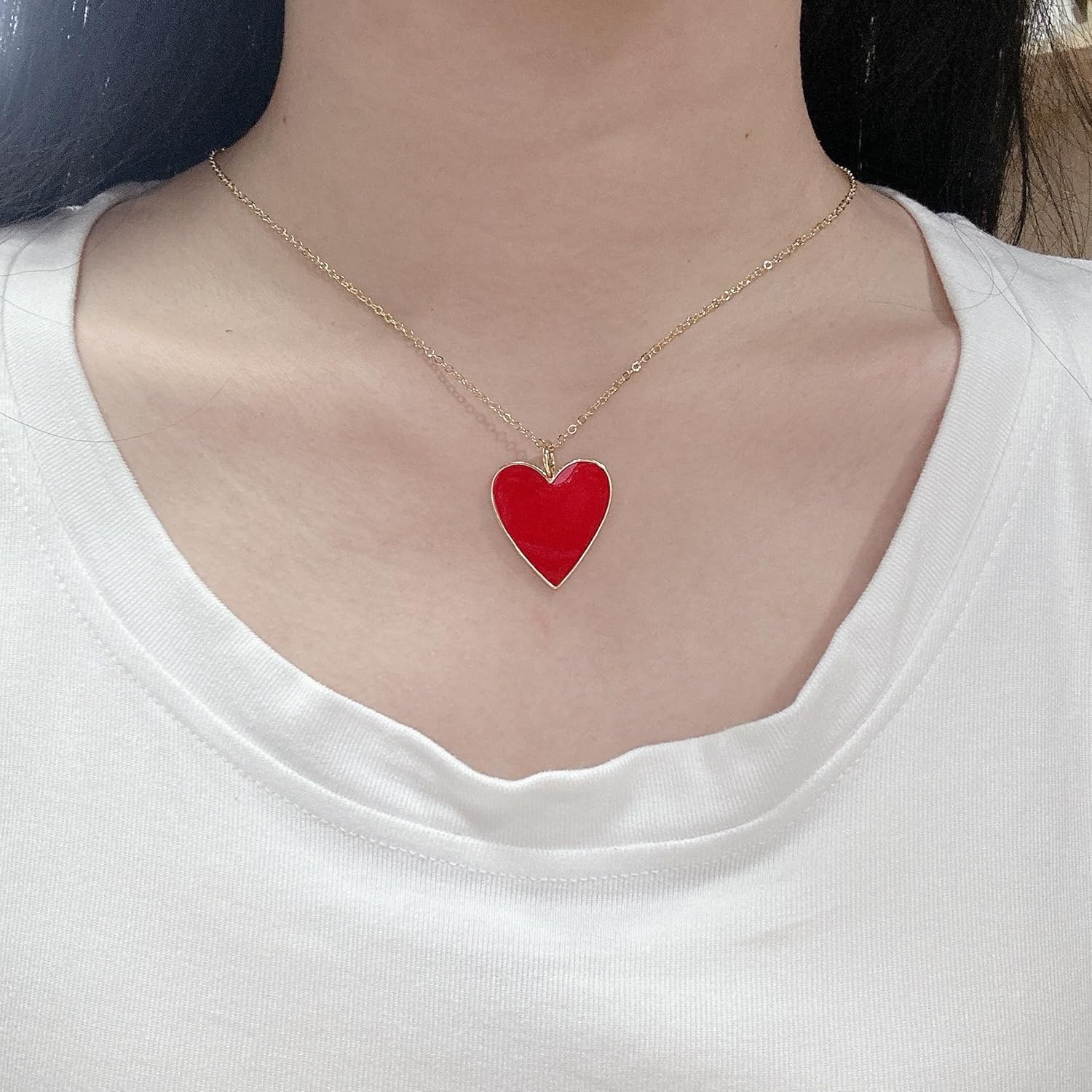 Minimalist Red Enamel Love Heart Pendant Necklace for Women 14K Gold Plated Fashion Sweet Peach Dainty Choker Adjustable Link Chain Party Valentine's Day Anniversary Preppy Jewelry Gifts Her Girlfriend - Image 5
