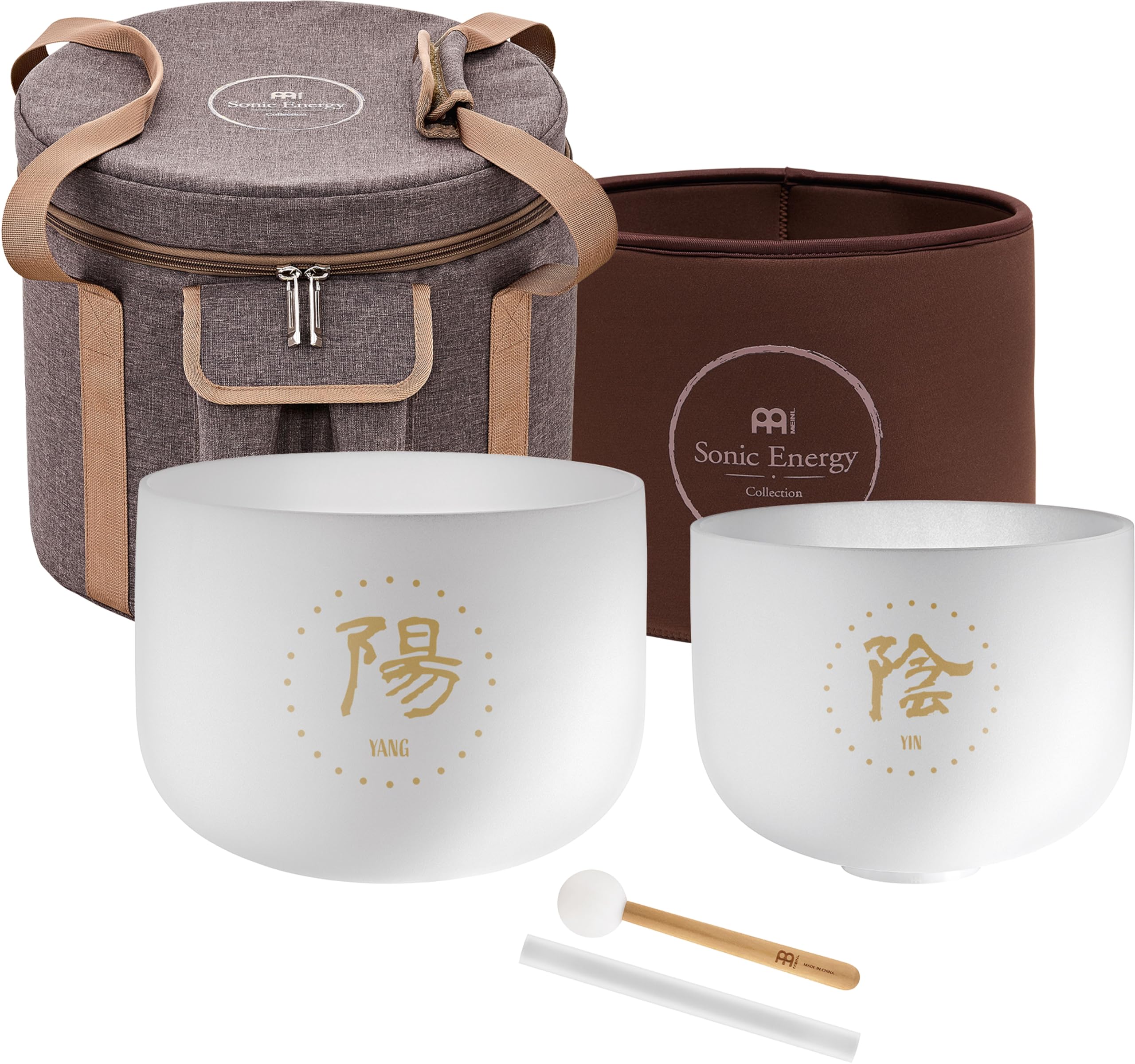 Meinl - Set di 2 campane tibetane in cristallo Sonic Energy Yin/Yang - TCM in quarzo smerigliato sintonizzato con mazzuole, borsa, O-ring, per meditazione, yoga, bagni sonori, guarigione dei chakra