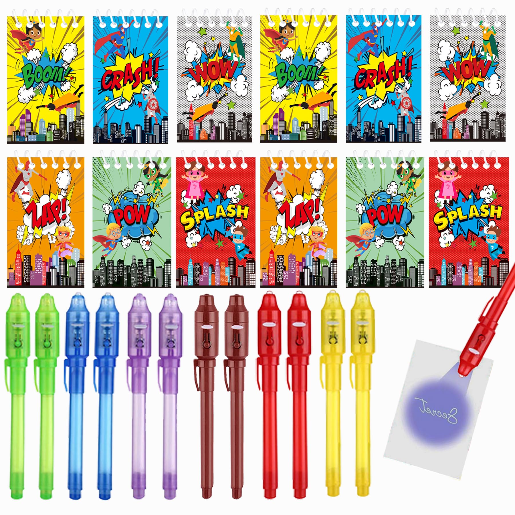 Duoduobear Superhero Birthday Party Bags Fllers, 12 UV Pens 12 Notebooks for Children, Boys and Girls Birthday Gifts, Party Bags Children's Birthday, Party Children's
