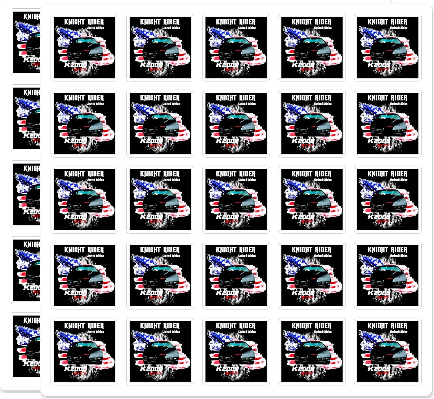 K2000, Knightrider Kitt Limited Edition Classic TV Car American Flag Retro 80s Fan Waterproof UV Resistant 50 Pack 1 Inch Vinyl Decal Sticker