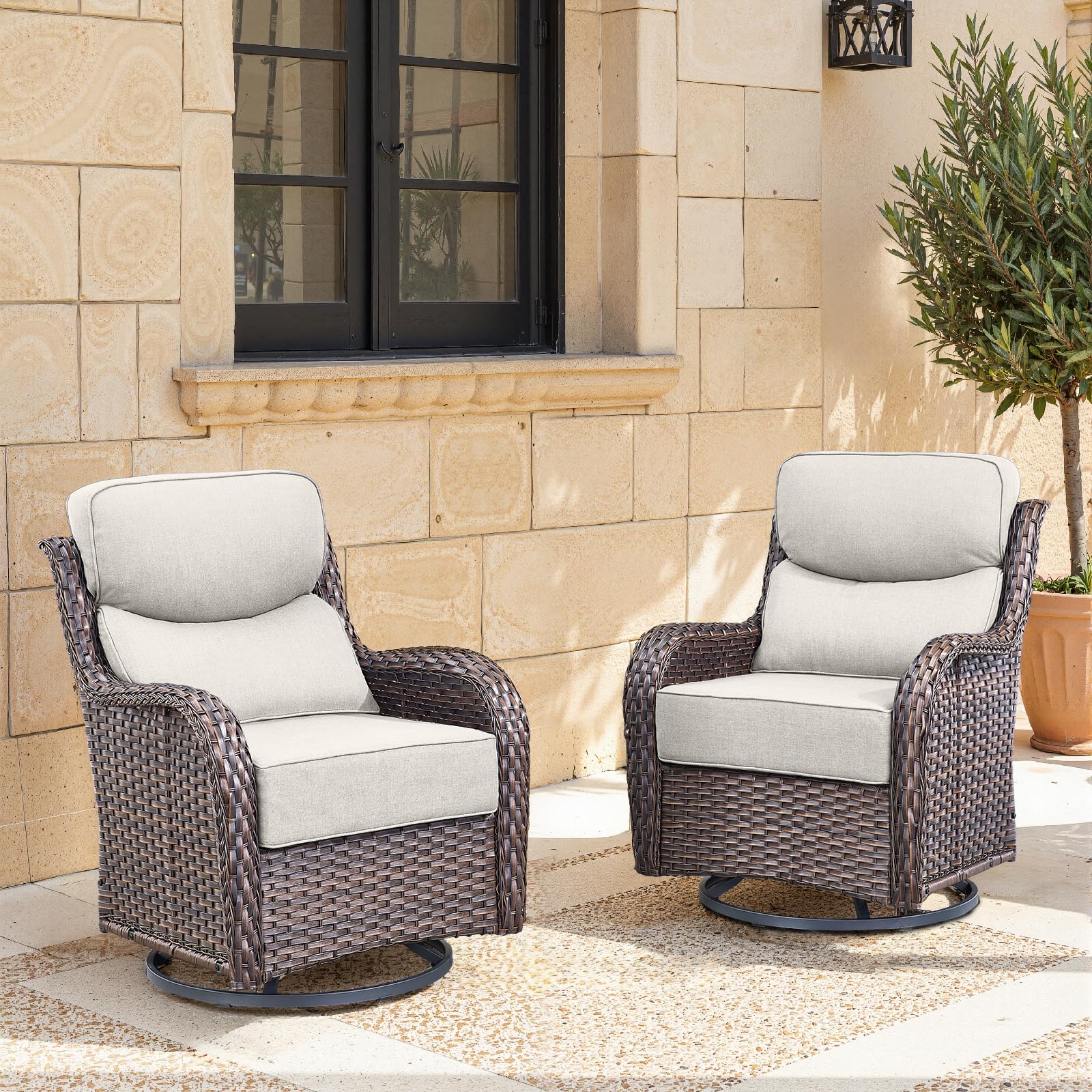 Swivel Patio Chairs sofa Set of 2 with 6" Thick Cushion - Wicker Outdoor Swivel Rocker Patio Chair ,Sofa/Glass coffee table, High Back Comfortable Outdoor Glider Chairs - Brown Wicker | Beige Cushions