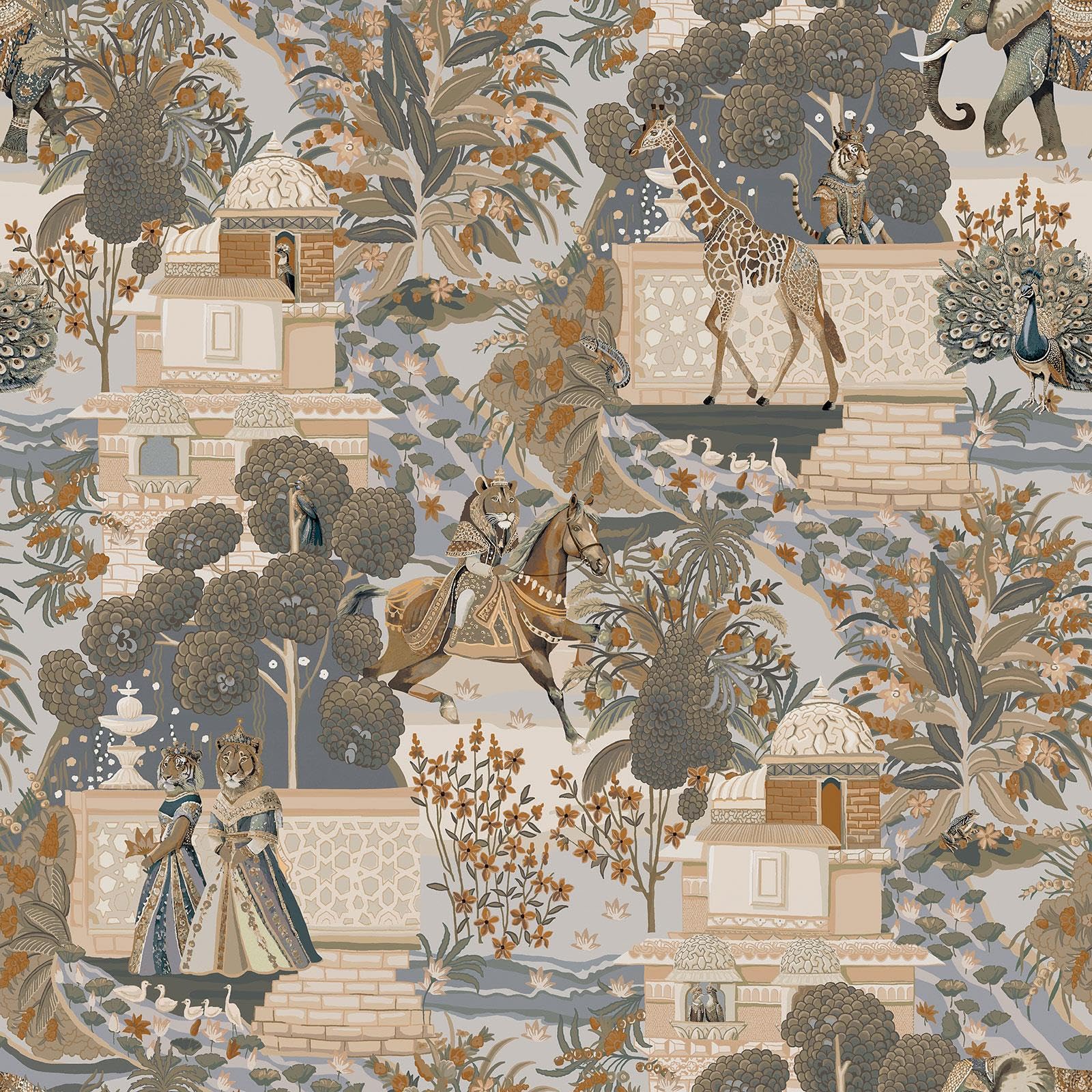 Holden Eastern Horizons Animal Palace Multi Wallpaper for Bedroom, Living Room, Dining Room Decor, Animal Themed Lion, Elephant, Giraffe, 10m Wall Paper Roll for Interior Design Blue/Orange 13761