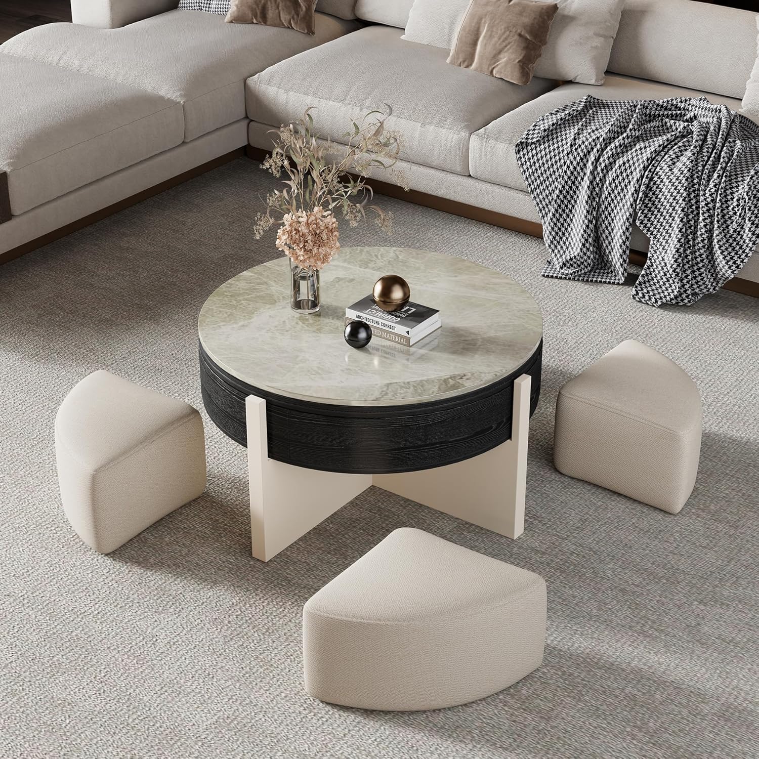 31.5" Modern Round Coffee Table for Living Room, Lift Top Coffee Table with Stools, Sintered Stone Living Room Table with Storage, Fully Assembled Tea Table for Home Office