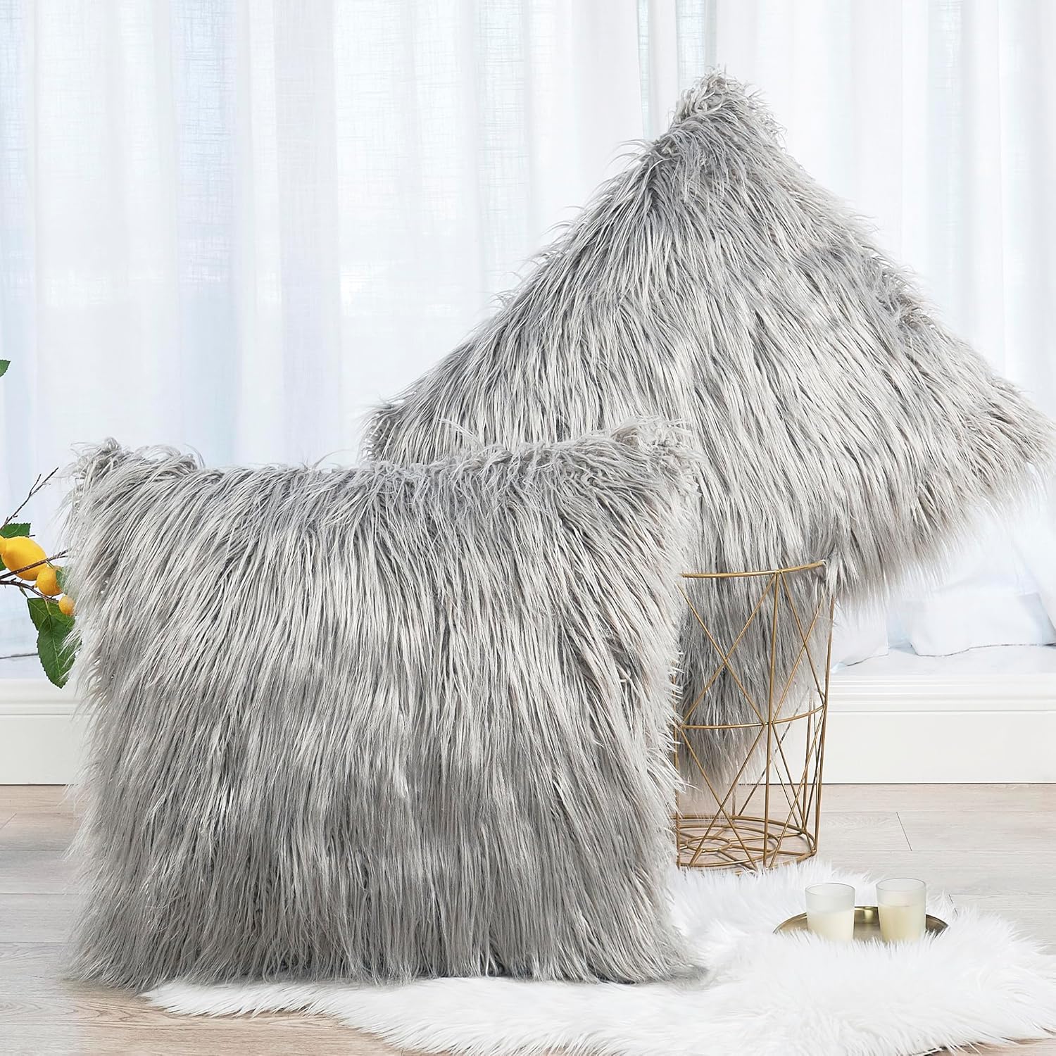 Long Pile Faux Fur Euro Throw Pillow Covers(No Insert), 26 x 26 Inches Set of 2, Mongolian Fur Furry Fuzzy Soft Luxury Cushion Cover Shaggy Plush Pillowcase for Couch Bed Car, Gray