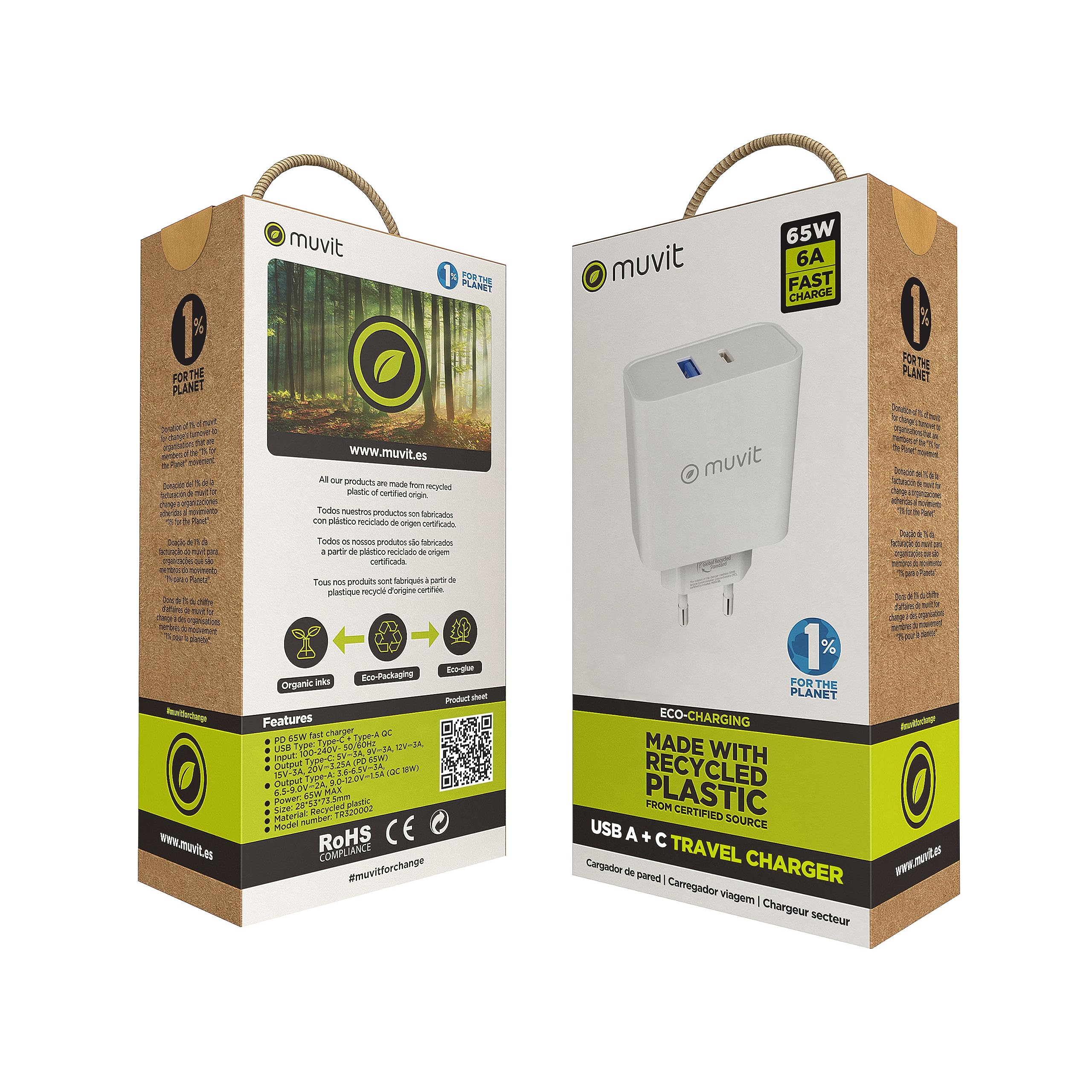muvit for Change Cargador de Pared 1 USB QC 3.0 18W+1 Tipo C PD 65W Blanco