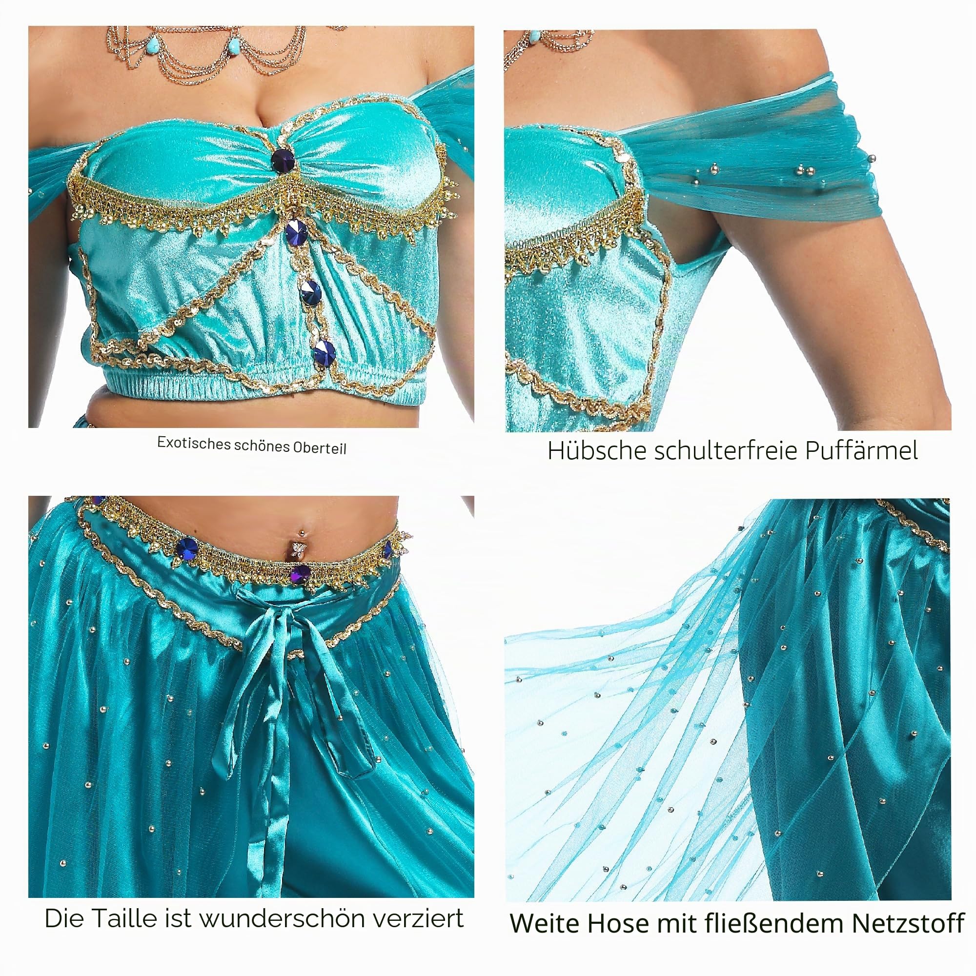 MISI CHAO Belly Dance Princess Jasmine Costume - Aladdin Halloween Outfit Princess Costumes Teal for Women