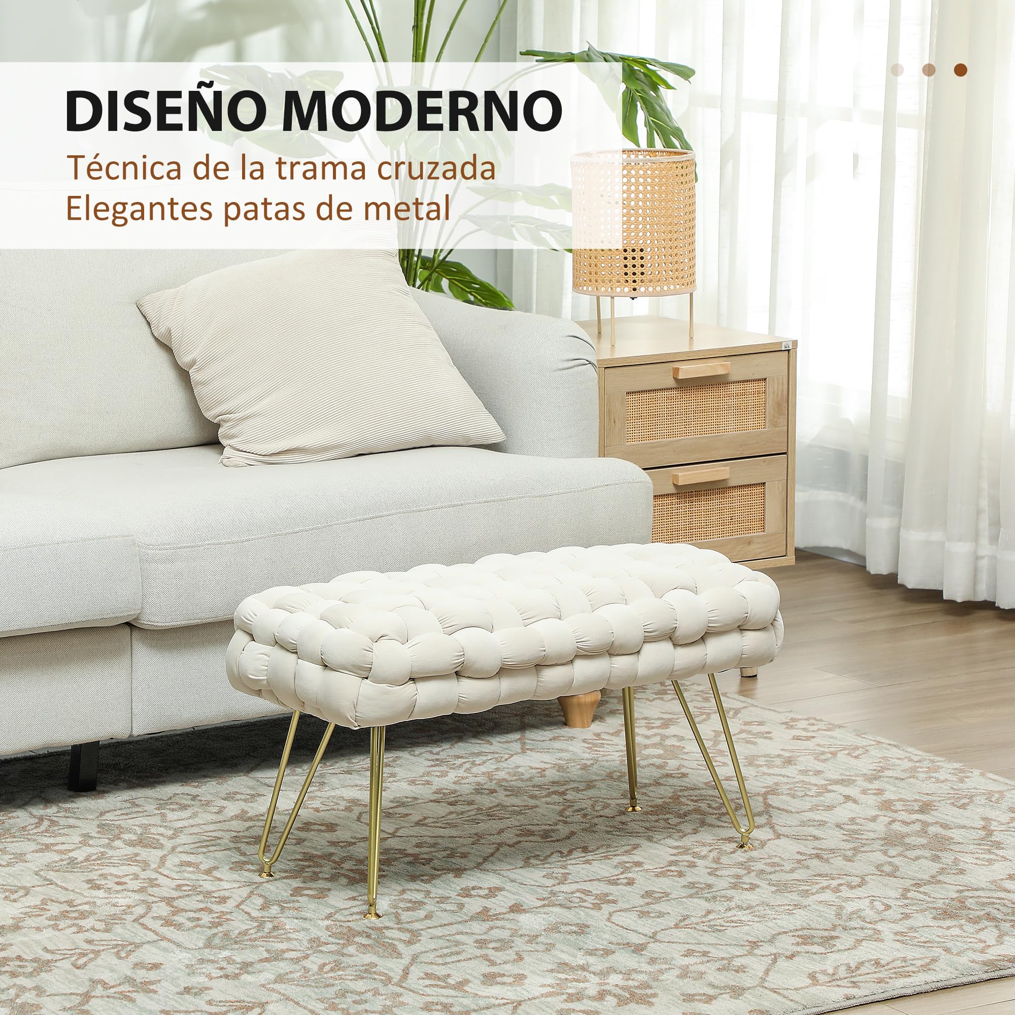 HOMCOM Banco Pie de Cama Tapizado en Terciopelo Banqueta Dormitorio Pie de Cama con Patas Doradas y Asiento Acolchado para Entradas Crema