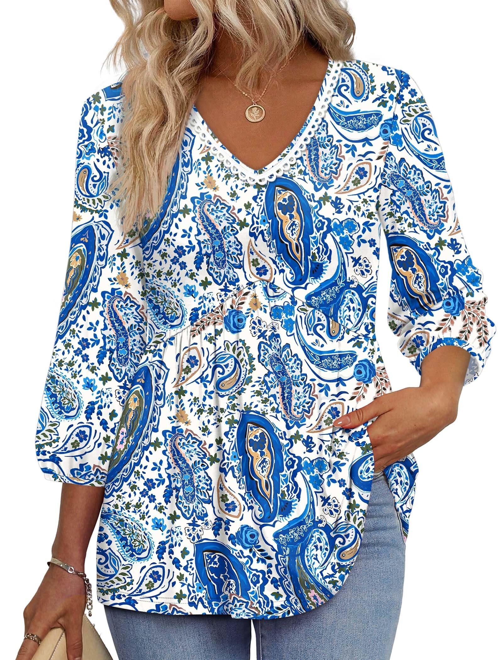 OFEEFAN 3/4 Length Sleeve Womens Tops 2026 Blouses for Women Dressy Casual Fashion Clothing V Neck Babydoll Tops Fall Outfits