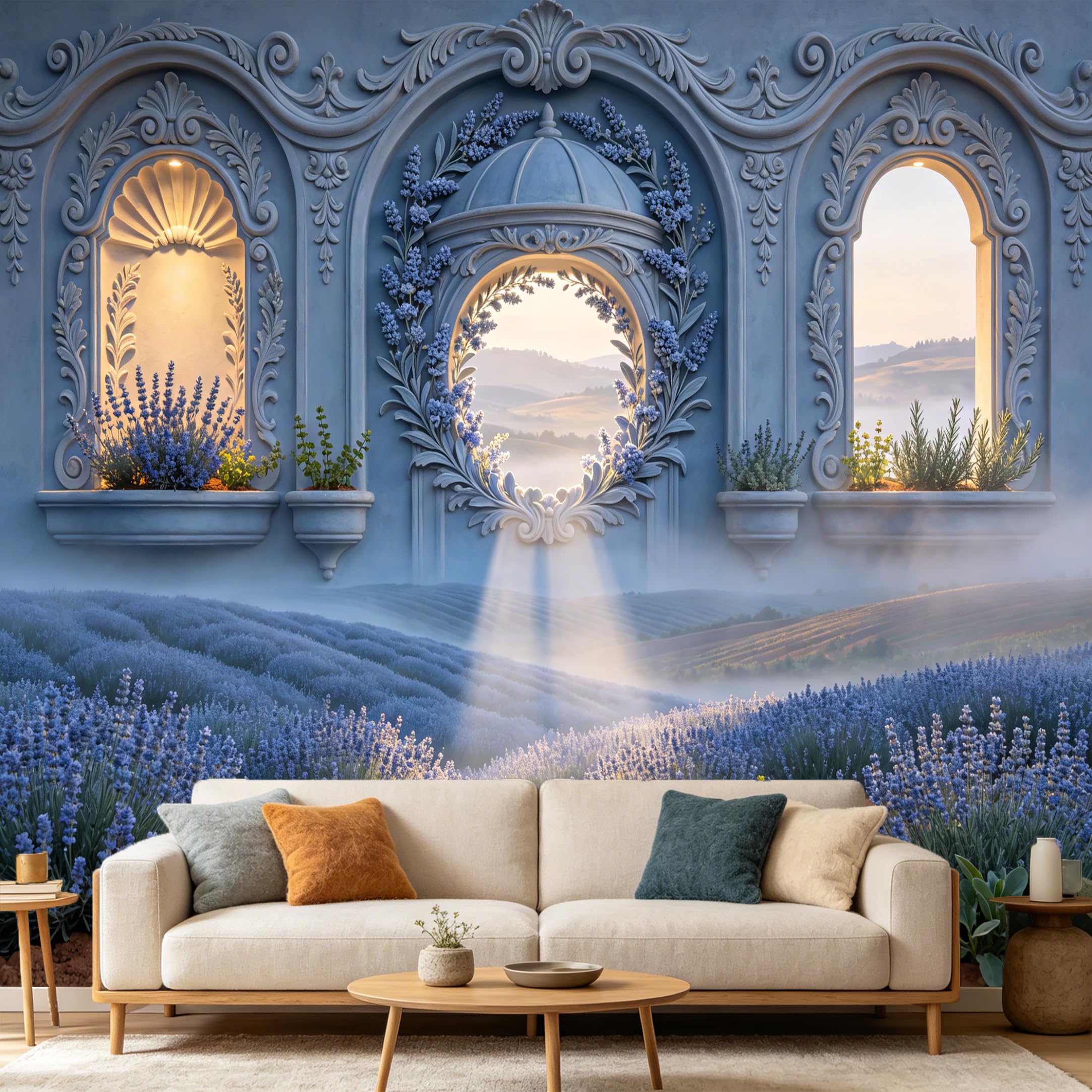 Custom Size Wall Mural， 3D Trompe L'Oeil Provence Lavender Field Window View， SelfAdhesive Art Prints wall Fabric Removable Large Wallpaper Home Living Room Decor