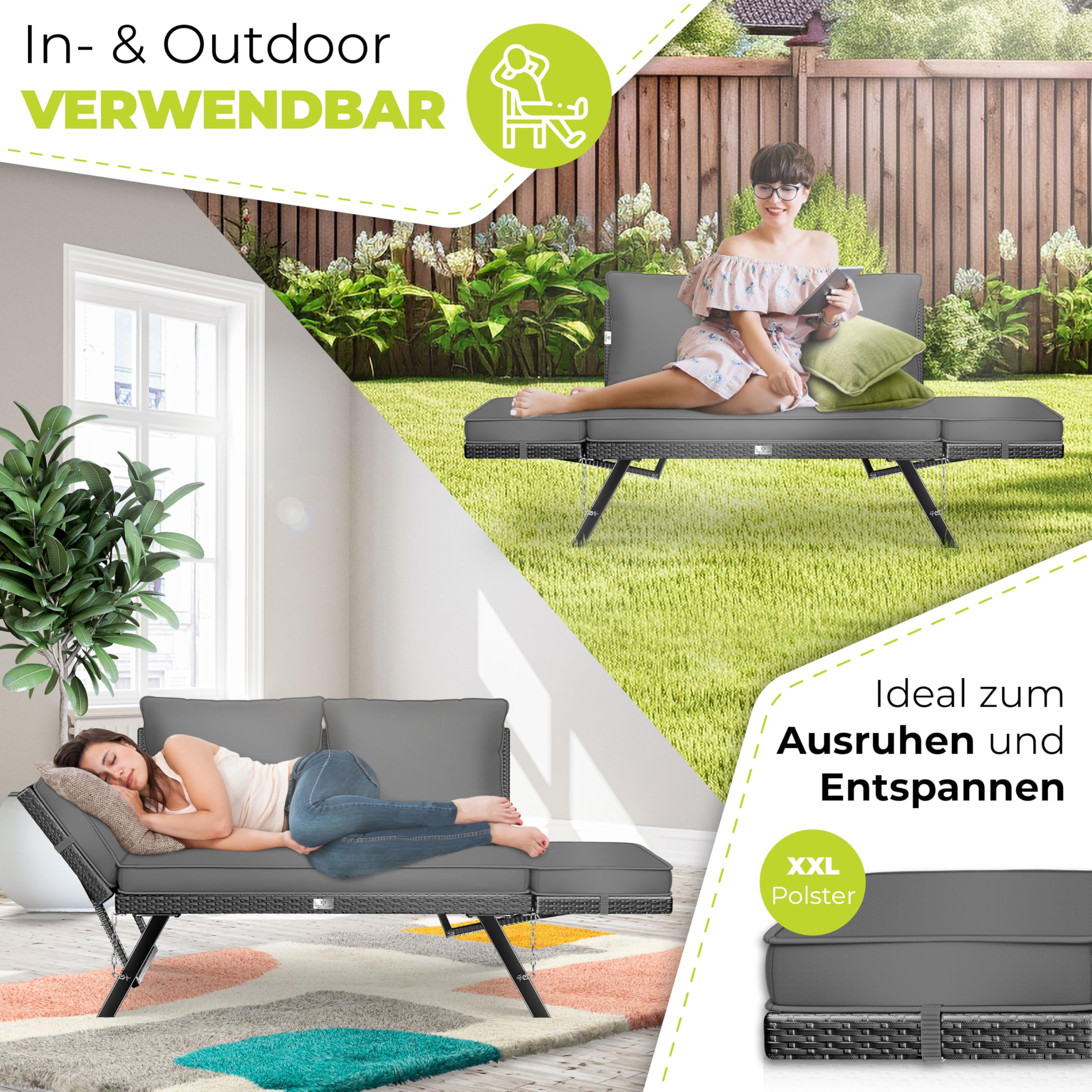 KESSER® Gartenbank Polyrattan Luna mit Liegefunktion Gartensofa 4 in 1 Verstellfunktion Gartencouch Wetterfest Balkonsofa Verstellbare Armlehnen, Extra Dicke & Weiche Polsterung Garten/Balkon/Terrasse