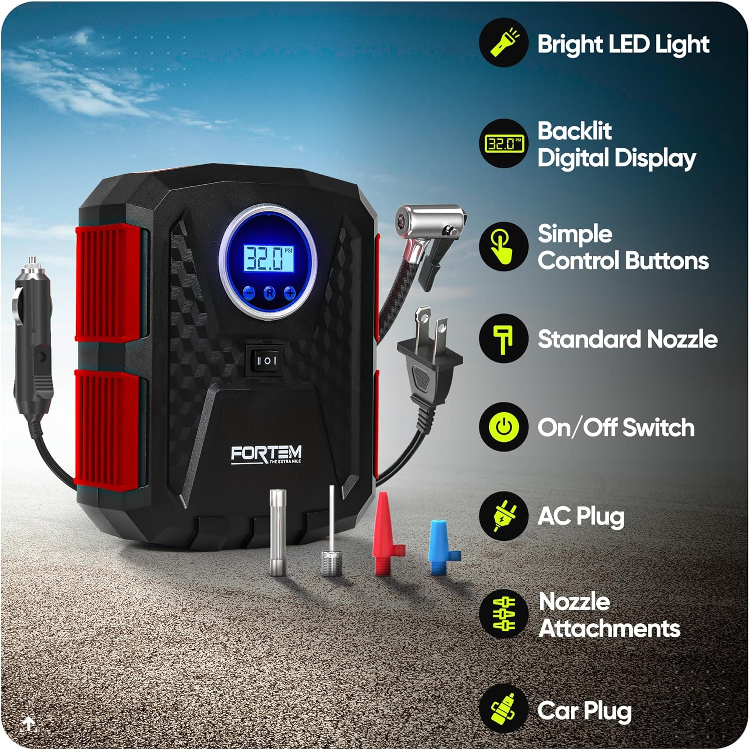 FORTEM Tire Inflator Portable Air Compressor, Air Pump for Car Tires and Bikes, Car Tire Pump w/Auto Shut Off, 150 PSI, 12V DC, LED Light, Carrying Case, for Men, Women - Image 2