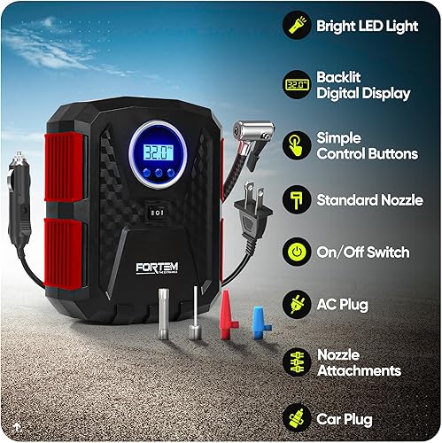 Miniatura 2 de FORTEM Tire Inflator Portable Air Compressor, Air Pump for Car Tires and Bikes, Car Tire Pump wAuto Shut Off, 150 PSI, 12V DC, LED Light, Carrying