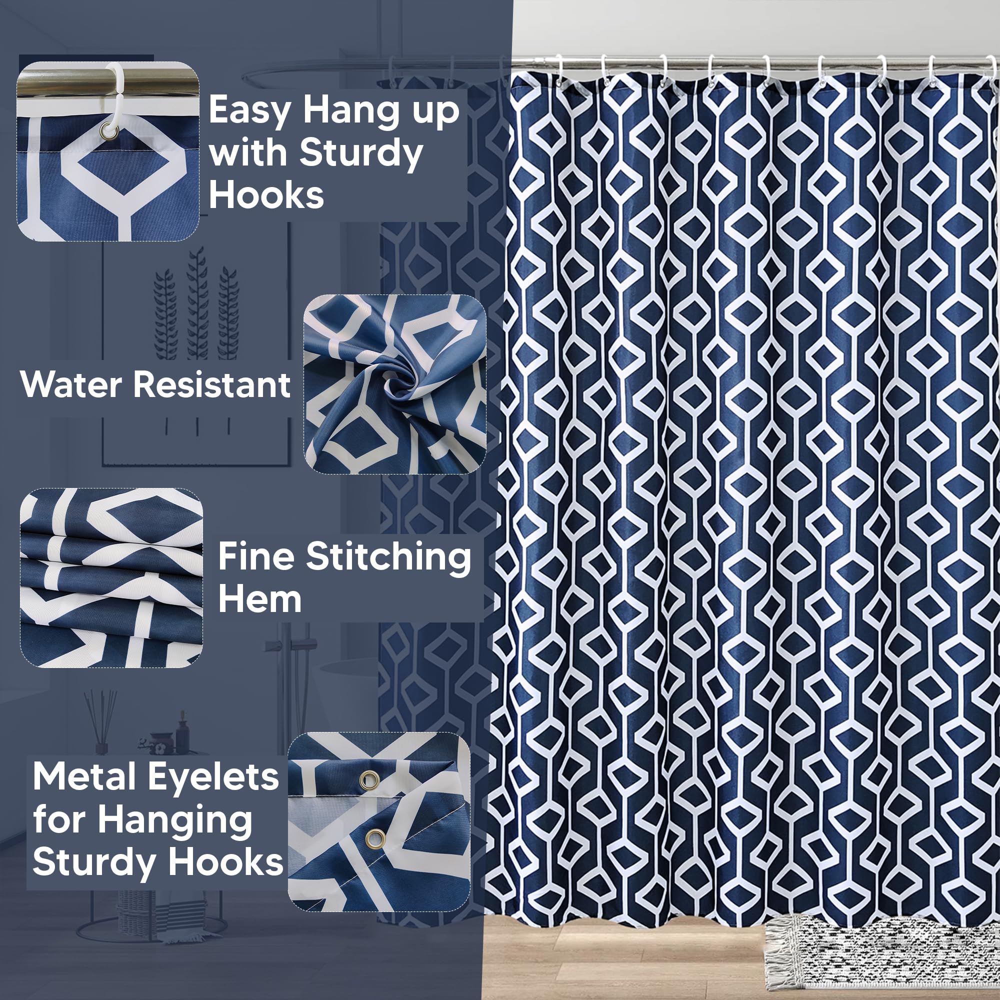 Trimming Shop Geometric Design Shower Curtain, Navy Blue Polyester Fabric Bathroom Curtain, Mould Resistant, With 12 Hooks - Image 4