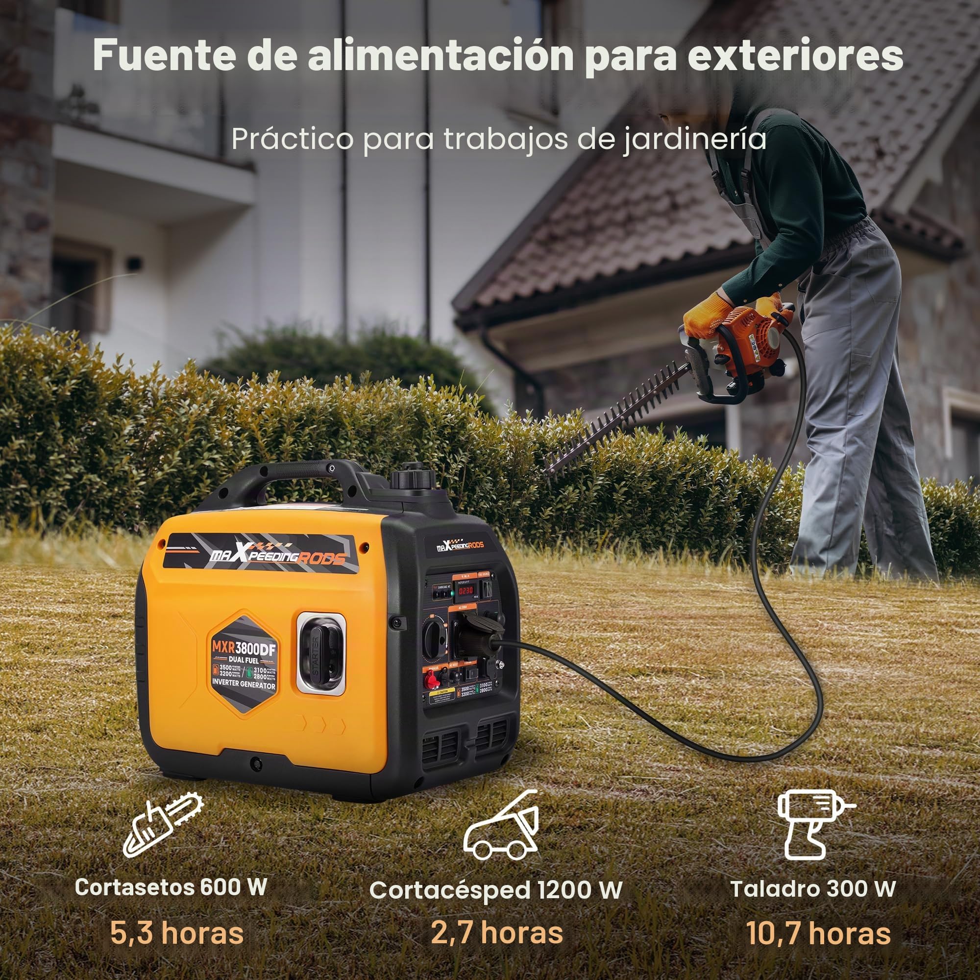 maXpeedingrods Generador de corriente de 3500 W LPG/Gasolina Inverter Gas Silencioso Generador de Energía Doble Fuel con enchufe de 230 V/16 A; 2 puertos USB para camping, garaje, viajes al aire libre