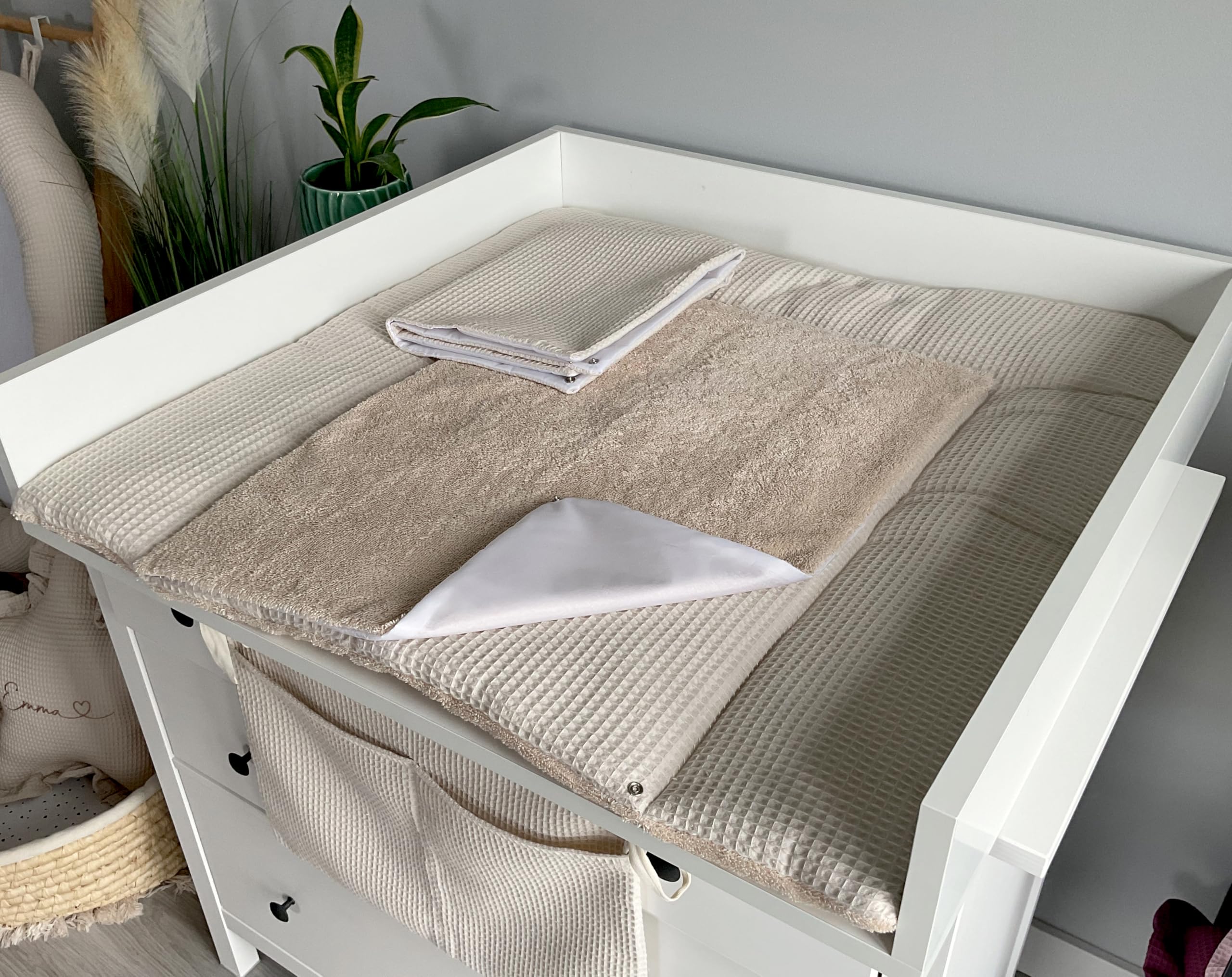 Wickelauflage Set 6-teilig – Wickelunterlage aus Waffelstoff & Frottee mit Druckknöpfen – Baby Wickelauflage – Wickeltischauflage – 75x75 cm (Breite x Tiefe), Hellbeige