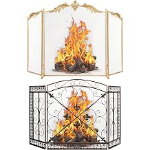 WICHEMI Fireplace Screen 3 Panel Folding Fireplace Screens Metal Furnace Fireguards Mesh Cover Baby Safe Proof Fence Spark Guard Wrought Iron Fire Place Standing Gate Style 6+Style 7