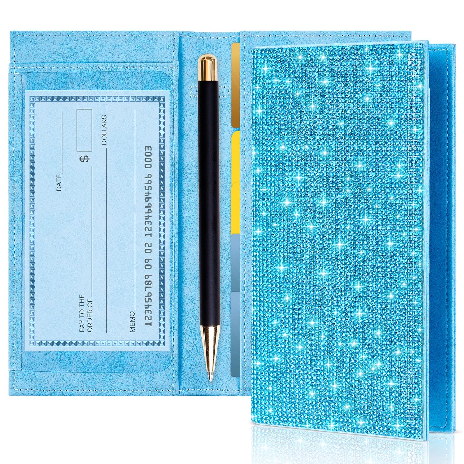 Rhinestone Checkbook Cover for Women, Rfid Blocking PU Wallet Lake Blue
