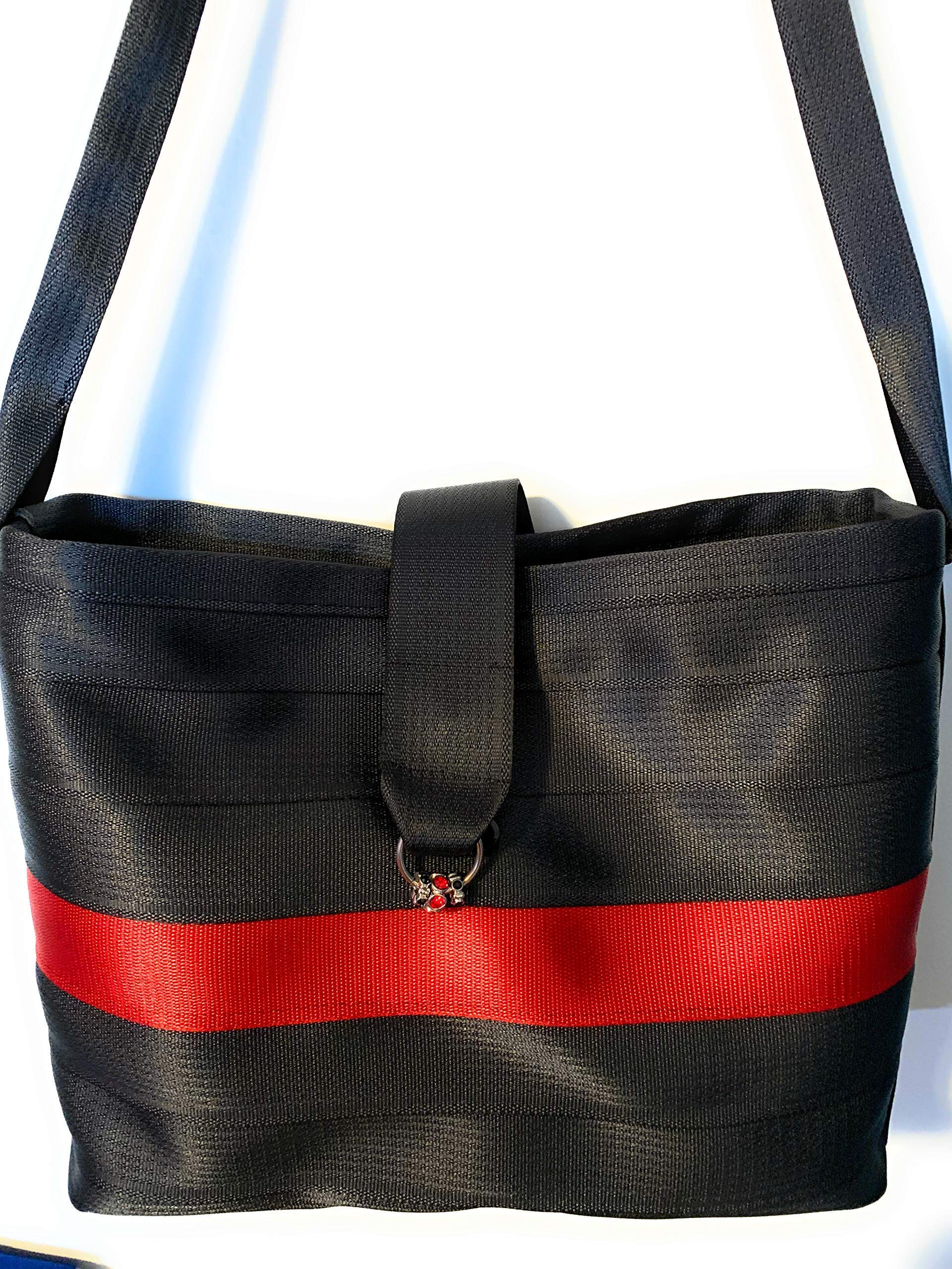 Large Seat Belt Tote with flap in black and red, Various Lining Choices, Washable and Durable