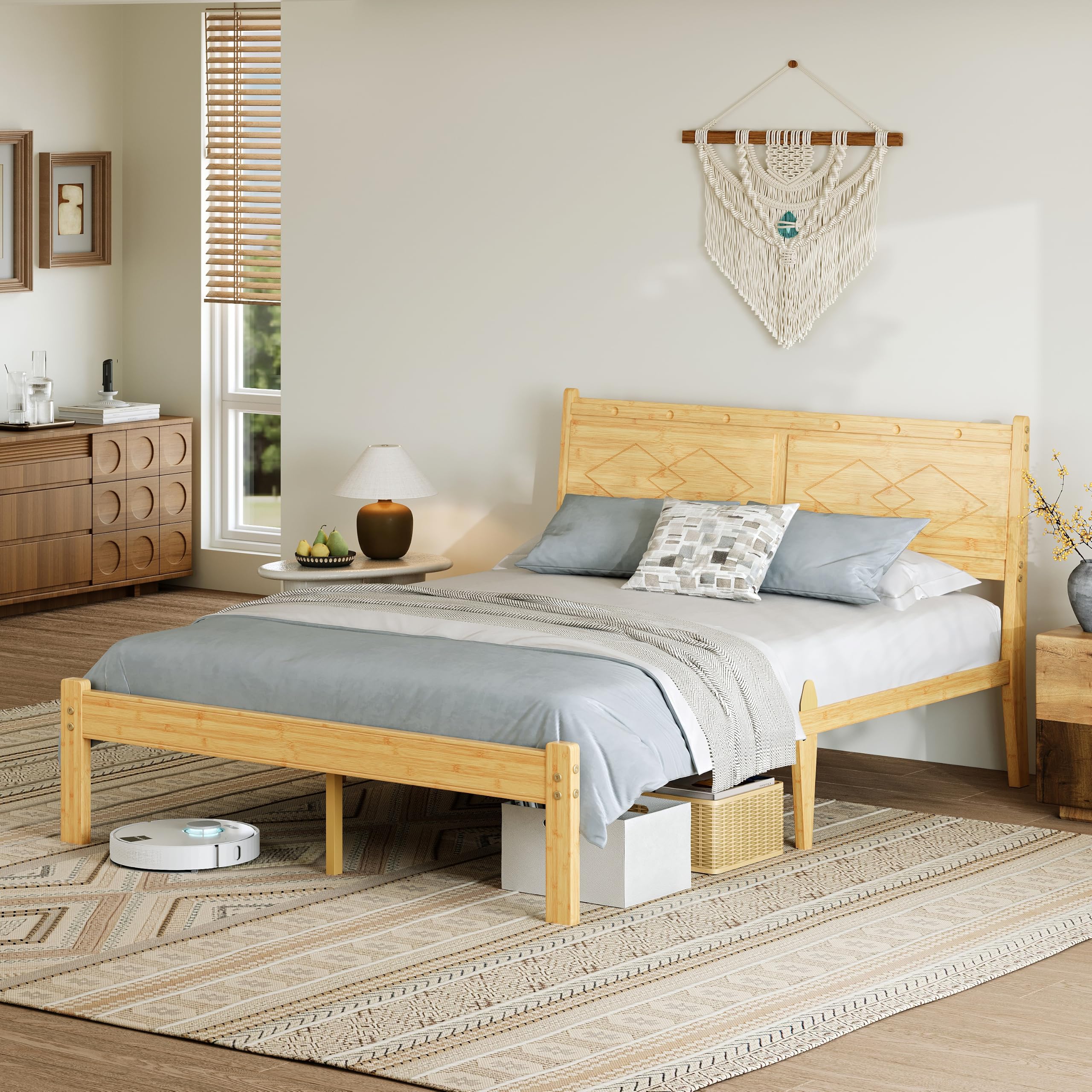 Hunlostten Double Wooden Bed Frame with Headboard - Bamboo Wood Bed Frames with Metal Slats Support and Underbed Storage, Easy Assembly, Noise Free, Solid, 35.5 cm High