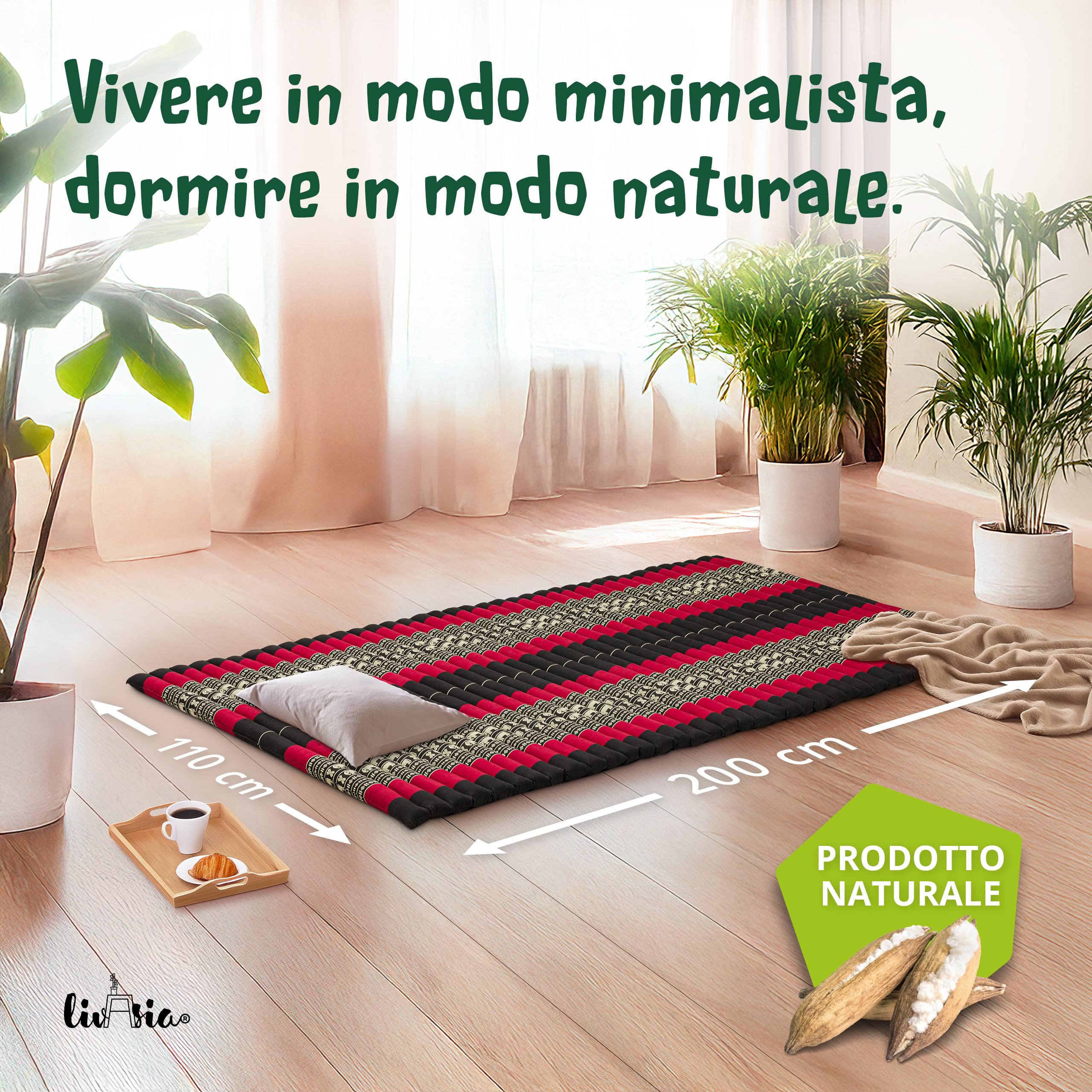 livasia tappetino materasso arrotolabile L largo - 200x110x4,5cm - letto materasso per ospiti 1 persona, lettino da viaggio, tappetino thai kapok giardino balcone fatto a mano
