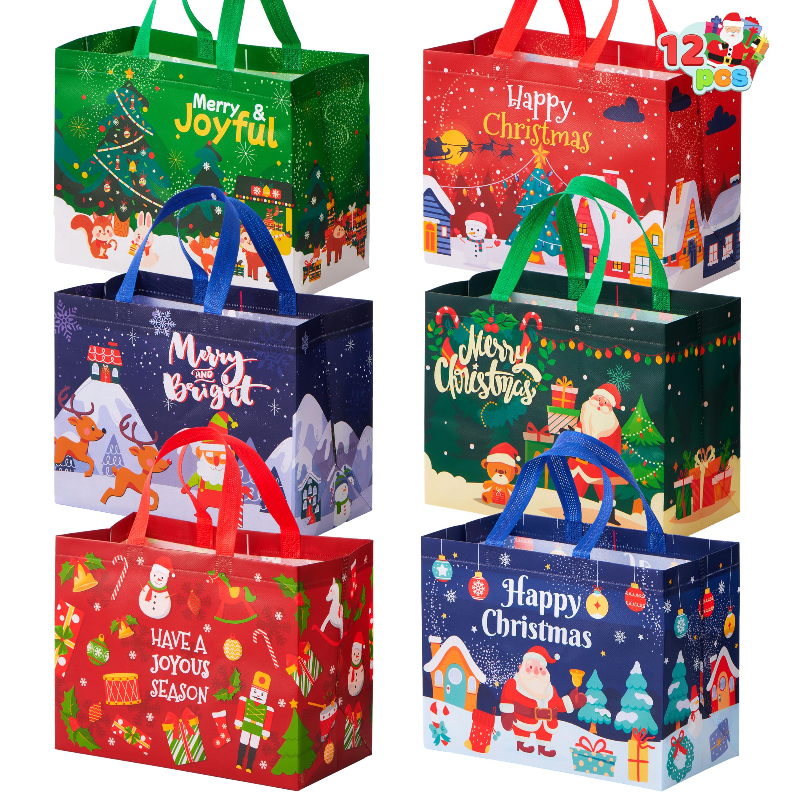 JOYIN Christmas Tote Bags - 12 Pack Large Reusable Gift Bags, 12.8x9.8", Holiday Party Supplies