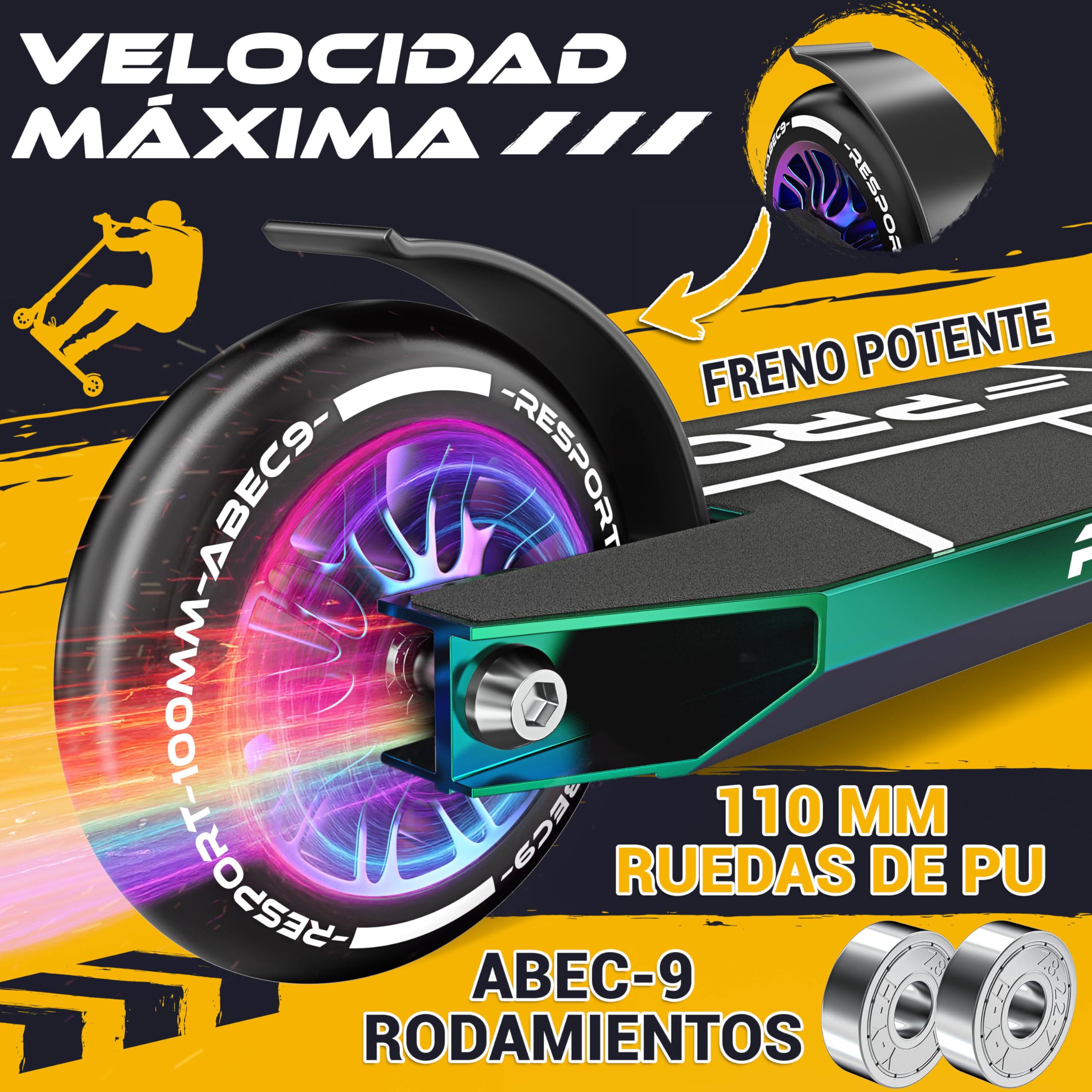 RE:SPORT Patinete de acrobacias Revo Pro para niños y adultos con soporte, patinete profesional de 110 mm, ruedas de poliuretano y barra en Y, patinete de acrobacias, patinete ABEC 9, rodamientos de — view 5