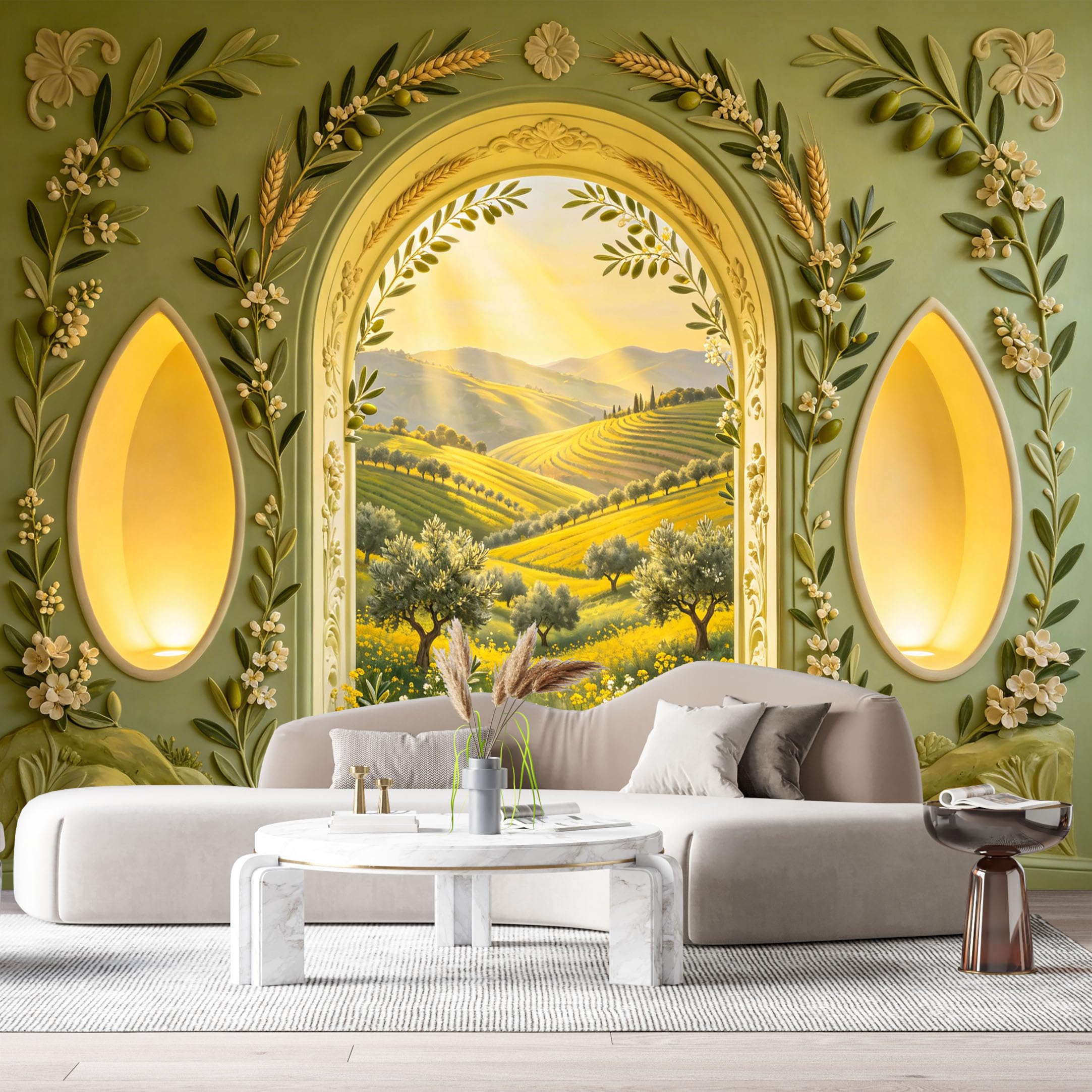 Custom Size Wall Murals Tuscan Landscape Neoclassical Floral Arch 3D Trompe L'Oeil SelfAdhesiveWall Fabric Removable Wallpaper Wall Decor for Living Room Bedroom Bathroom