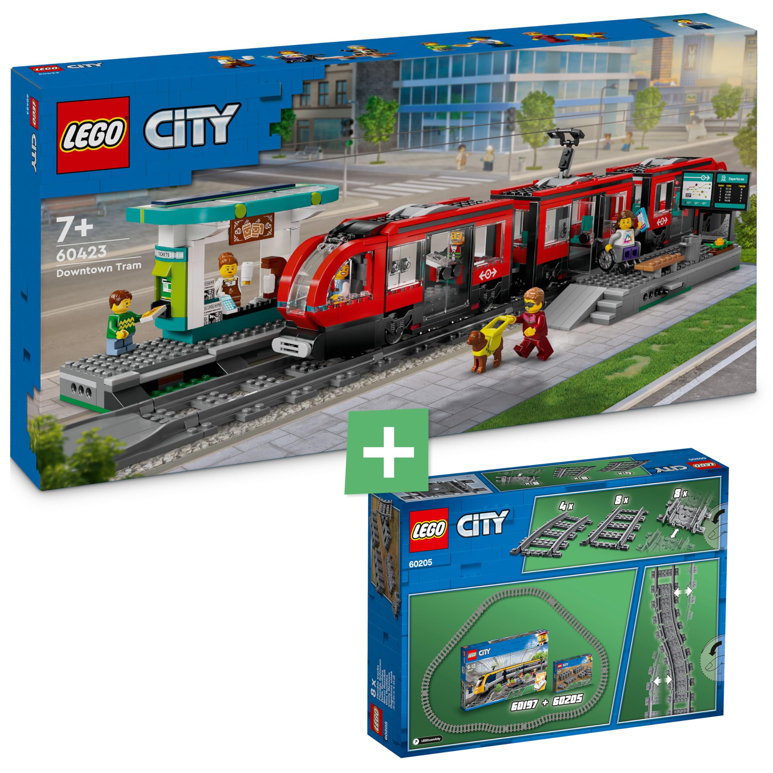LEGO City Straßenbahn mit Haltestelle (60423): Schienen Erweiterung (60205) - Teil der Neuheiten 2024, Bahn mit Bahnhof und Schienen