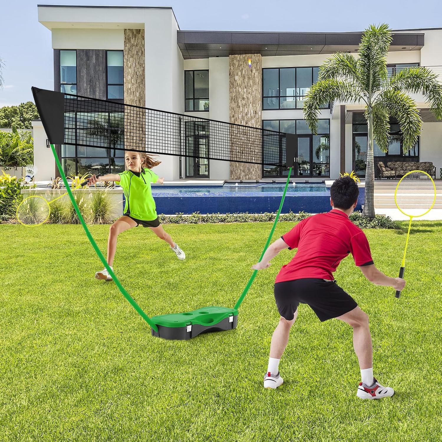 Tragbares Badminton-Set, Faltbares Badmintonnetz | Mit Freistehendem Ständer, 2 Badmintonschlägern, 2 Federbällen, Für Indoor- Und Outdoor-Spiele Green 270 X 33.5 X 160 cm