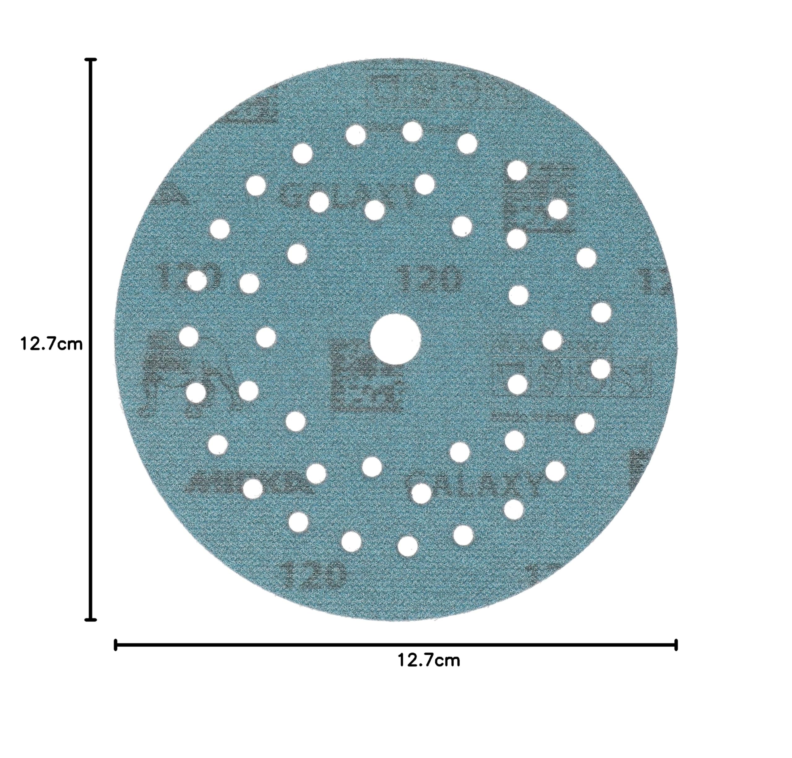 Mirka Galaxy Multifit - Papel de lija de 5 pulgadas (125 mm), grano 120, 50 discos por paquete, abrasivo de alta calidad para resina epoxi, madera, metal, tecnología sin obstrucciones, autoafilado