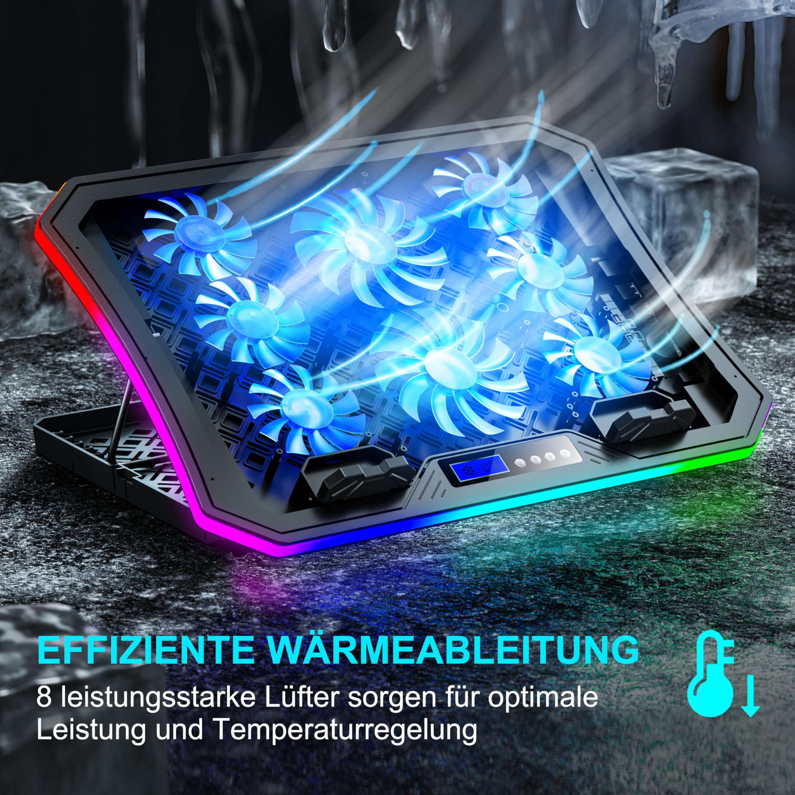 Laptop Kühler RGB Gaming Notebook Kühlpads für Schreibtisch und Schoß, MOOJAY Laptop Lüfter Ständer 8 Höhenverstellbar mit 8 Leisen Lüfter+Handyständer, für 15,6-17,3 Zoll Laptop - Blau LED Licht