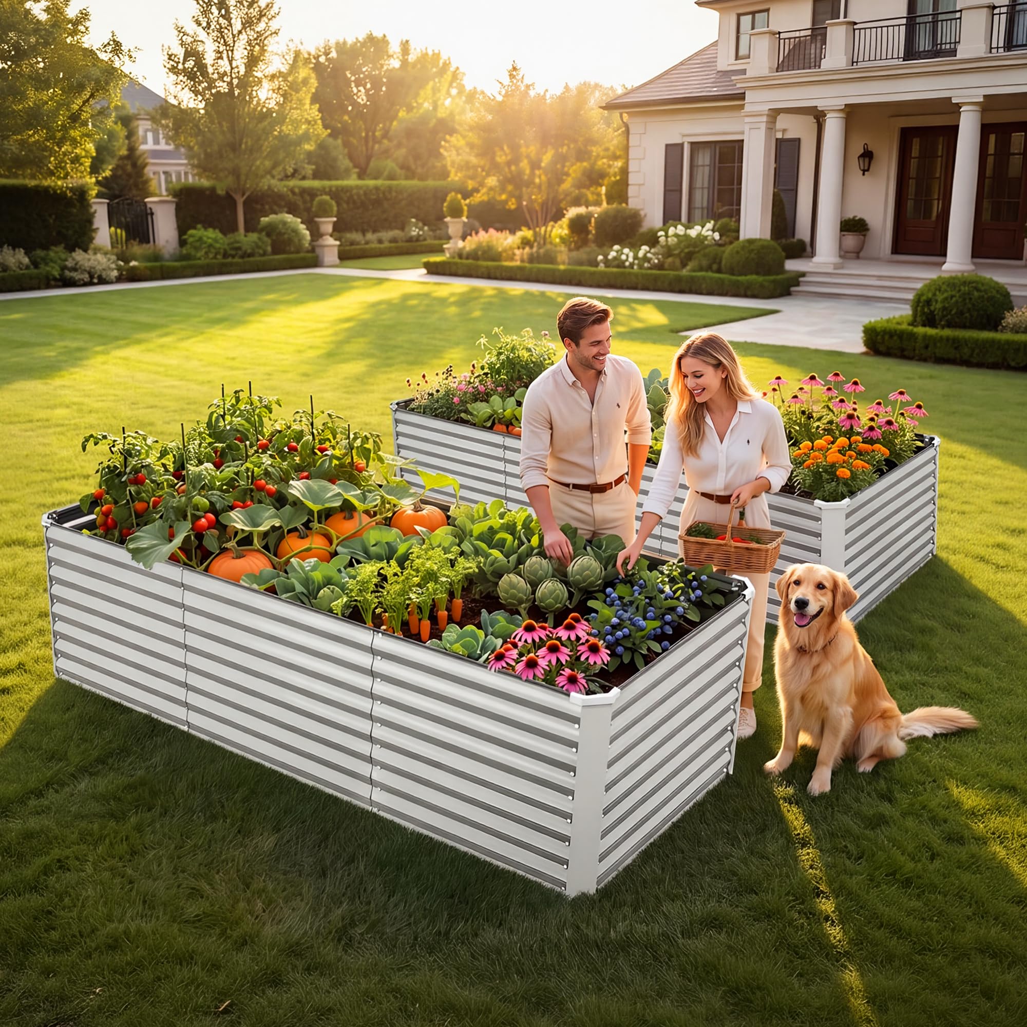 YITAHOME Outdoor Hochbeet Metall 240 * 90 * 70cm,Hochbeet verzinktem Stahlblech,Pflanzkübel für den Außenbereich mit Sicherheitsrand für den Garten, mit Stützstange Handschuhen für Gemüse(Argent)