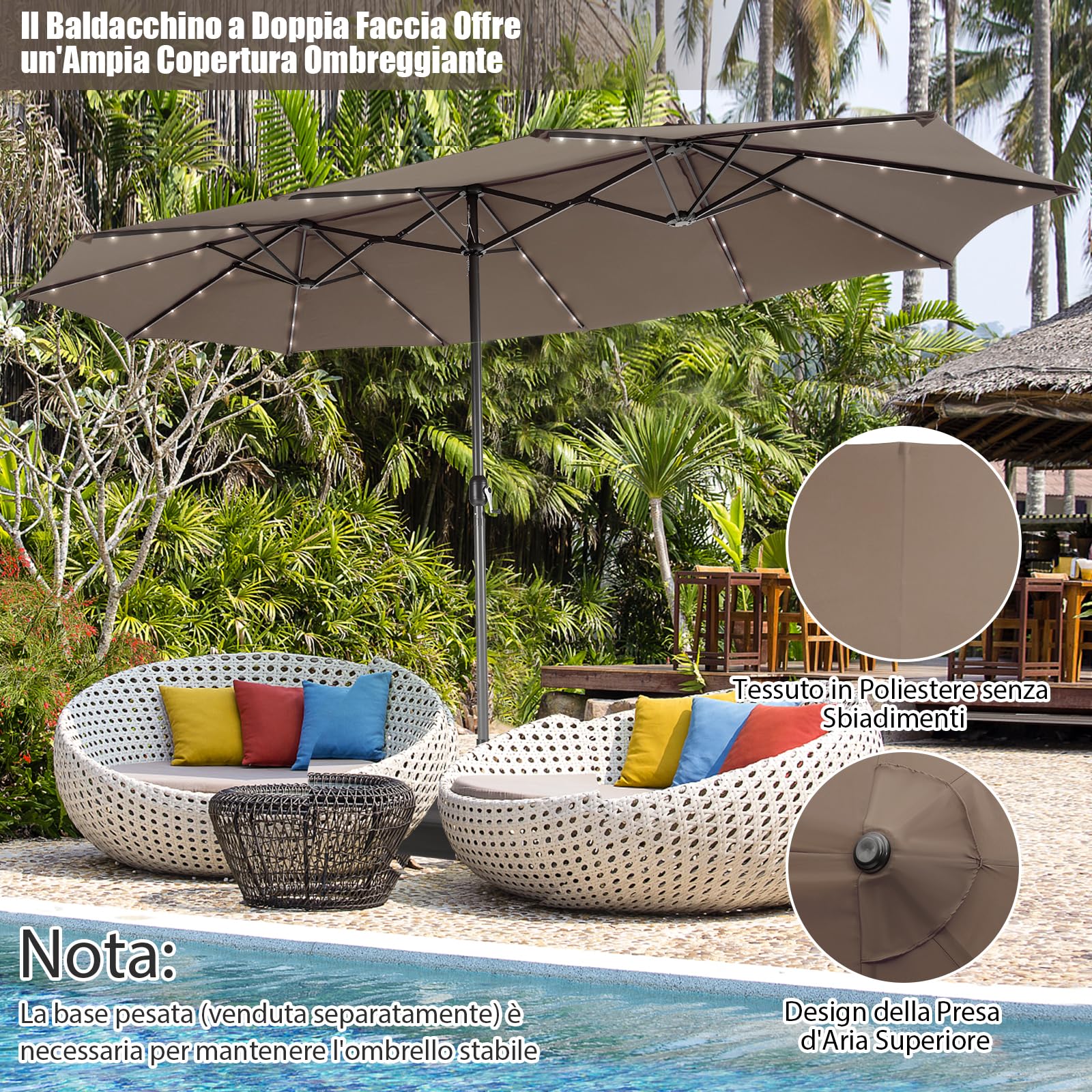 RELAX4LIFE Ombrellone Doppio da Giardino 4,5x 2,6m con Luci LED, Ombrellone Grande con Base, Apertura Manovella, Tetti Ventilati, per Patio, Cortile, Ristorante (Caffè-Luci, 4,5 x 2,6 M)