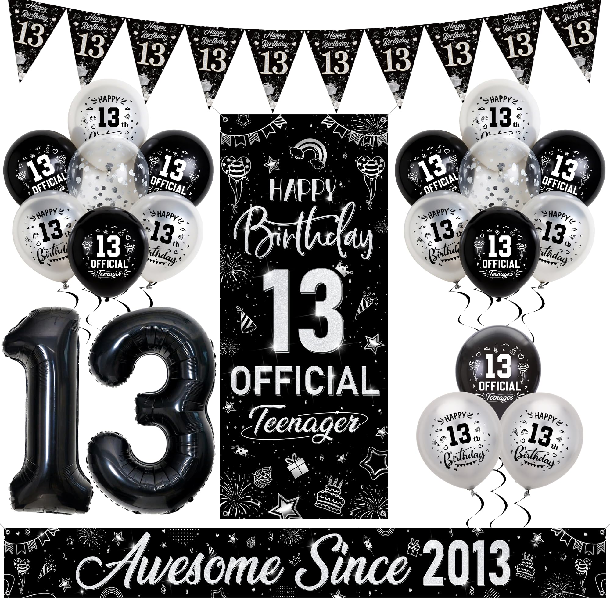 13th Birthday Decorations Boys Girls, Black Silver Official Teenager Birthday Banner, Awesome Since 2013 Garden Banner, 32 Inch Number 13 Foil Balloon Bunting, Confetti Balloons for 13 Years Old