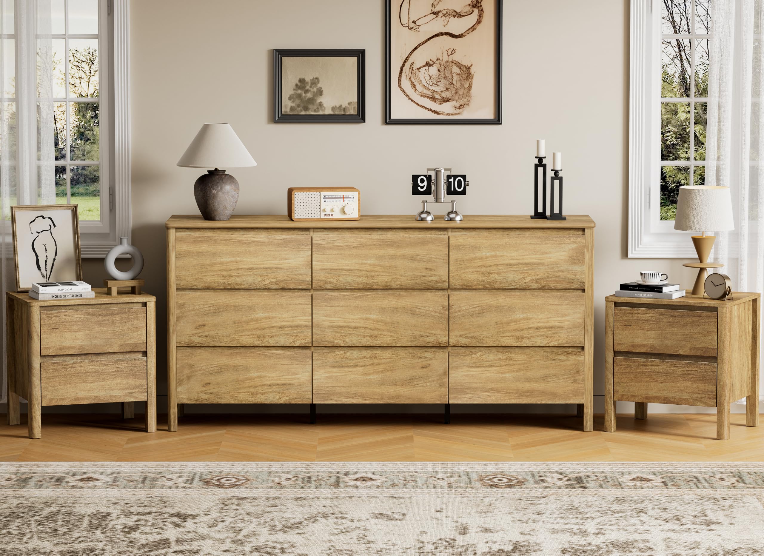 Mid-Century Modern Dresser and Nightstand Sets 3 Piece, Natural Oak