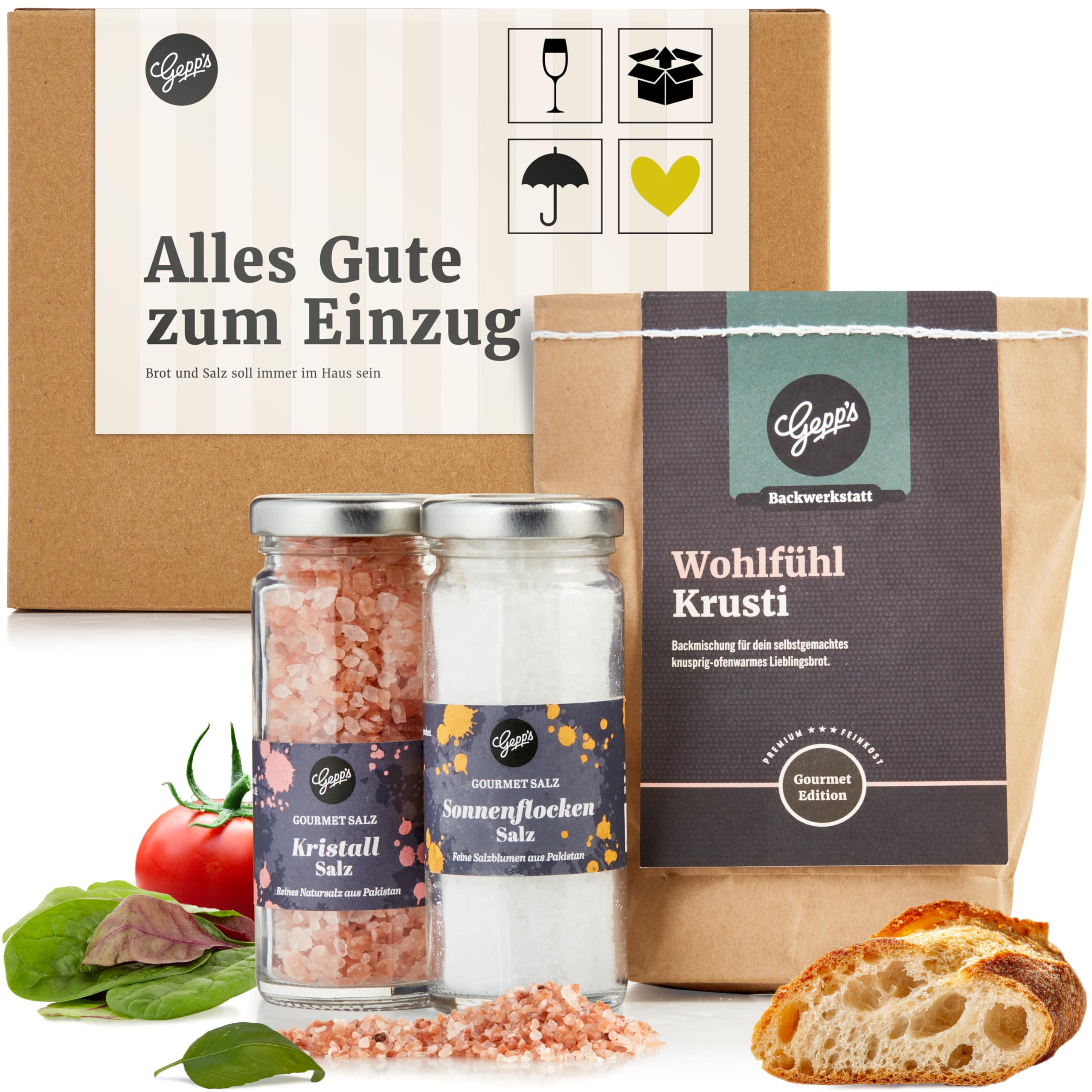 Gepp’s Feinkost Geschenkset für den Umzug I 3 kleine Einzugsgeschenke ohne künstliche Zusätze I Vielseitig einsetzbares Sonnenflocken Salz, Rosa Kristall Salz & Brotbackmischung I Gourmet Probierset