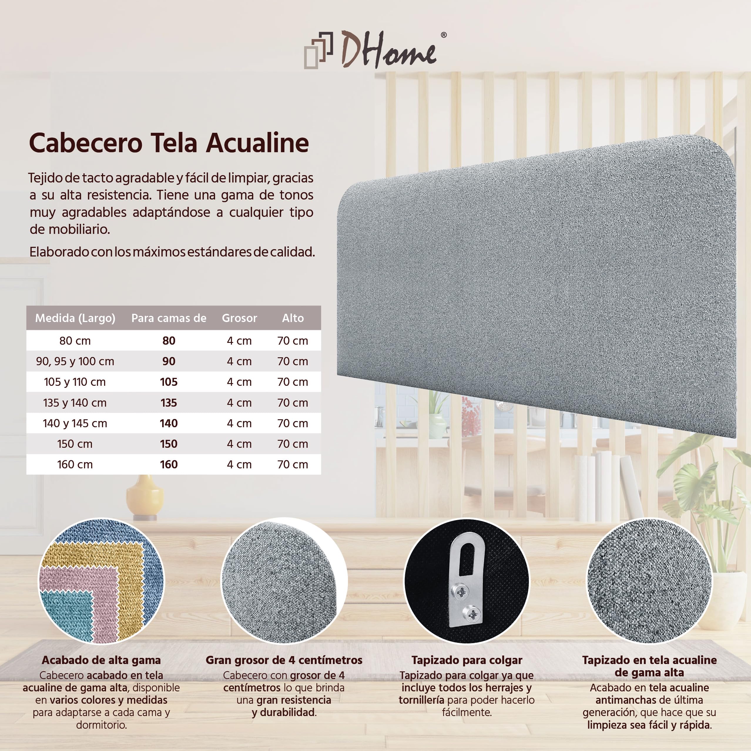 DHOME Testiera Imbottita Liscia Curva in Tessuto Aqualine Altezza 70cm da Parete Fonoassorbente Testiere Assorbenti Testata Letto Camera da Letto (Grigio Perla, 160cm)