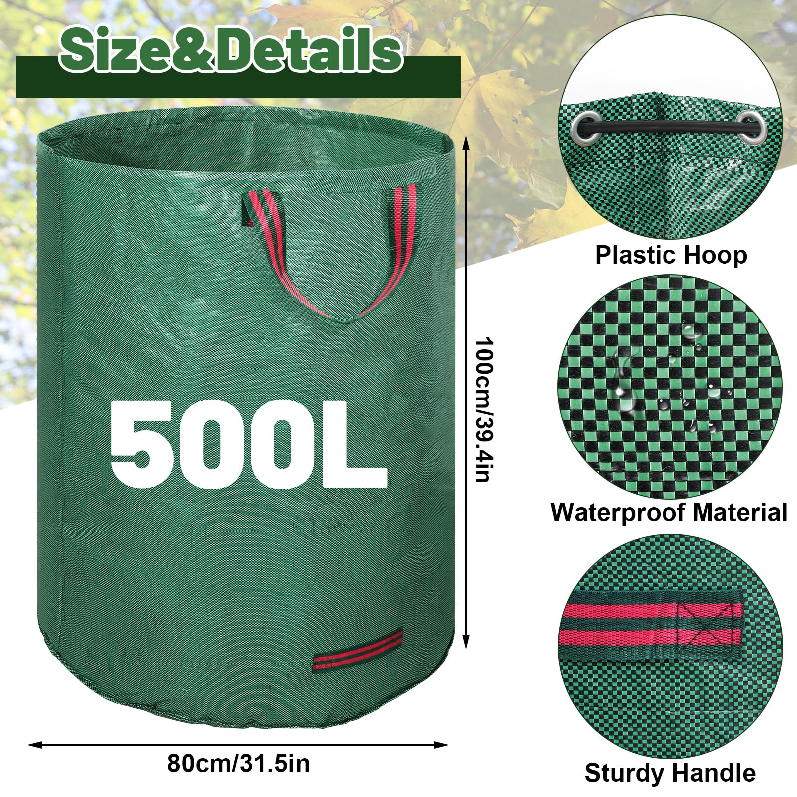 2 Pack 500L Large Garden Bag with Handles, Heavy Duty Garden Waste Bags,Reusable Green Sacks for Collecting Grass, Leaves Debris — view 5