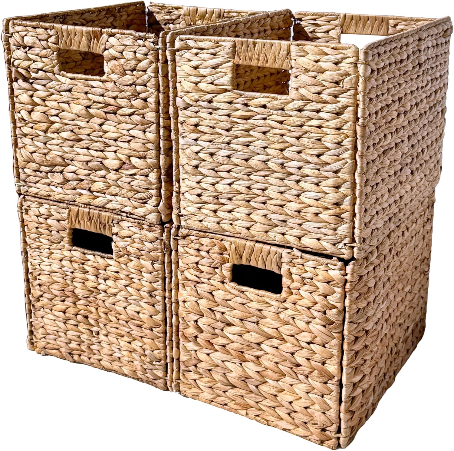 Westerly 4 Decorative Hand-Woven Water Hyacinth Wicker Storage Basket, 16x11x11 Ideal for Shelving Units
