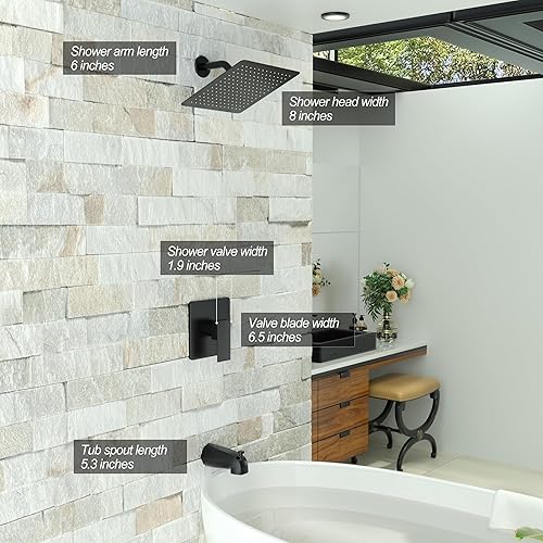 Miniatura 3 de Alesco Grifo de ducha para bañera, juego de grifo de ducha negro con cabezal de ducha de 8 pulgadas y boquilla de bañera, cabezal de ducha y mango