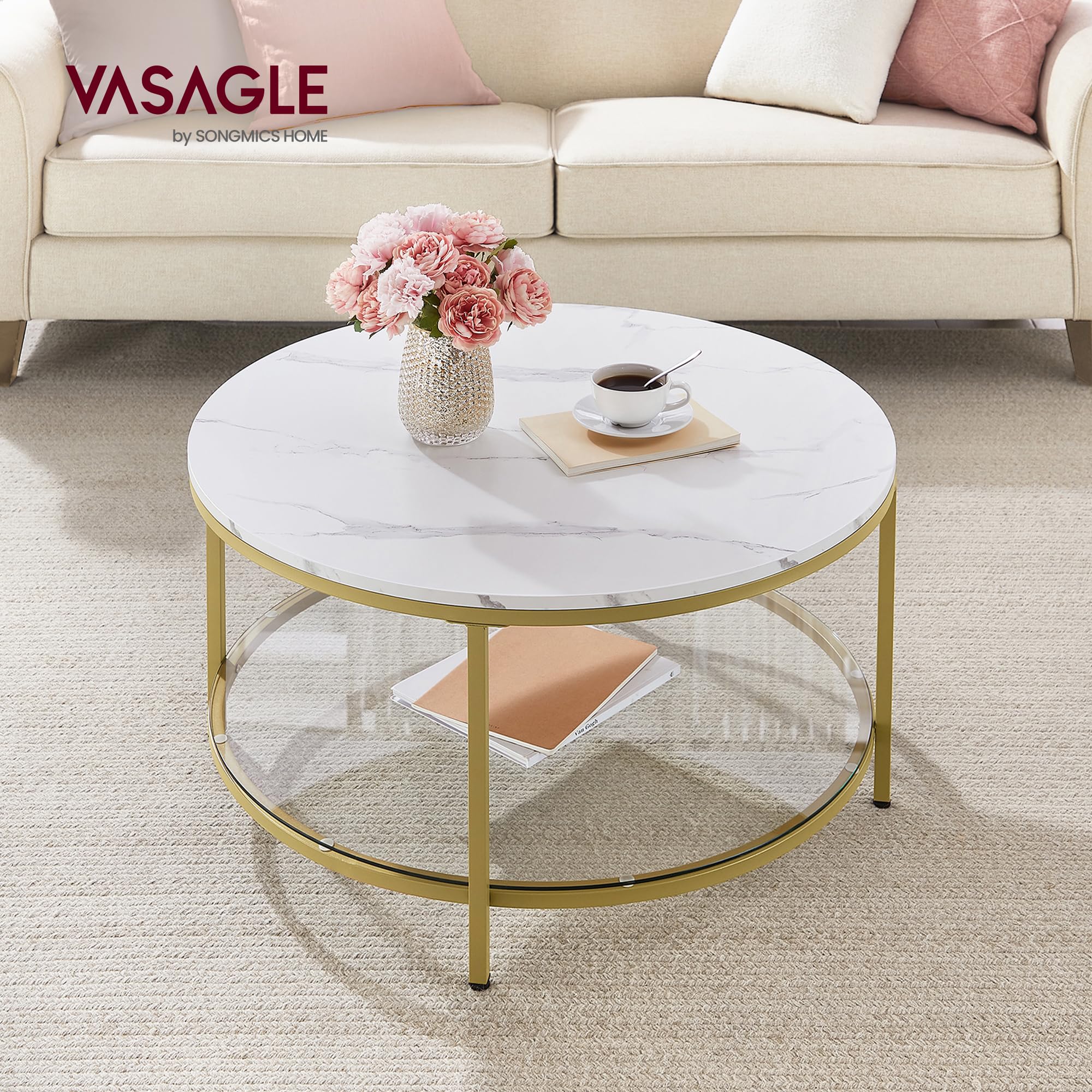 VASAGLE Table Basse, Table de Salon, Façon Marbre, Support en Verre Trempé, Facile à Assembler, Style Moderne, Blanc Marbré et Doré Métallique LCT071W59