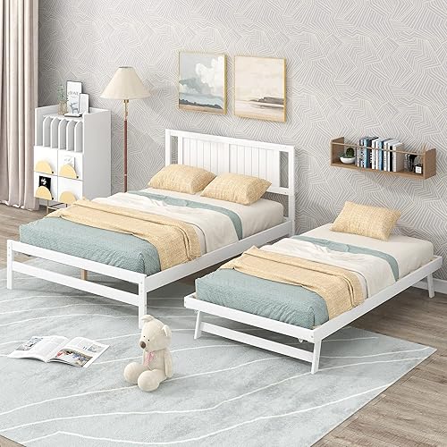 Miniatura 1 de Linique Cama de plataforma de tamaño matrimonial con nido elevable ajustable, marco de cama de madera maciza con cabecero, color gris