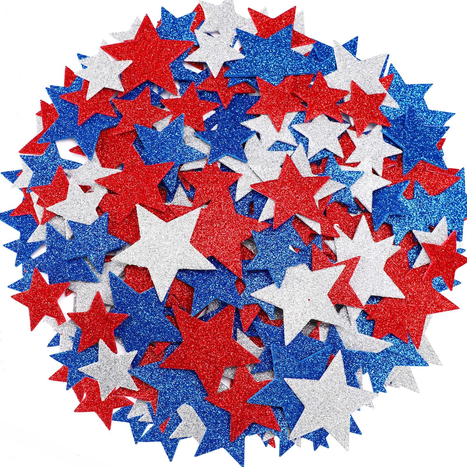 JULBEAR 300 Pcs Patriotic Glitter Star Foam Stickers Red Blue Silver Glitter Star Self-Adhesive Stickers Memorial Day for Kids Arts Crafts